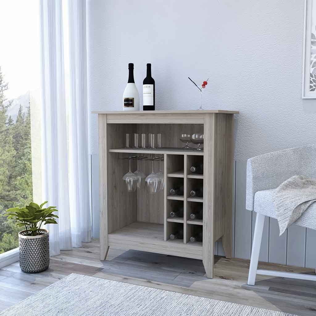 Bar Cabinet Castle, One Open Shelf, Six Wine Cubbies, Light Gray Finish