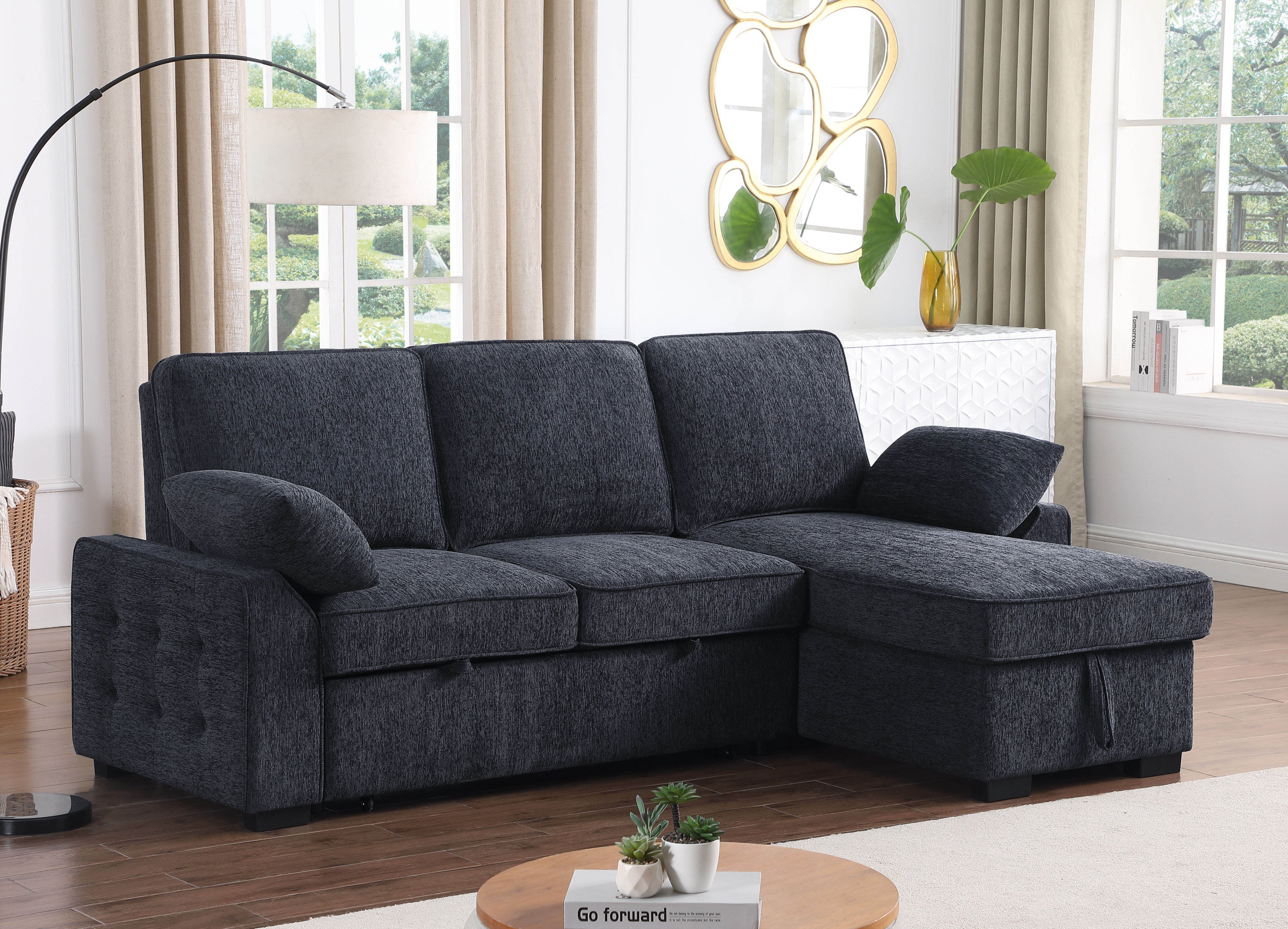 Mackenzie Dark Gray Chenille Fabric Reversible Sleeper Sectional with Storage Chaise, Drop-Down Table, Cup Holders and Charging Ports