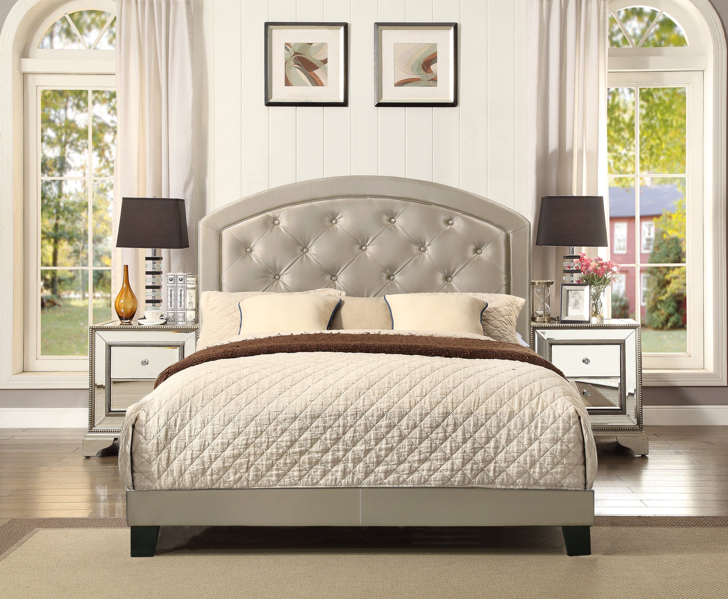 Full Upholstered Platform Bed with Adjustable Headboard 1pc Full Size Bed Gold Fabric