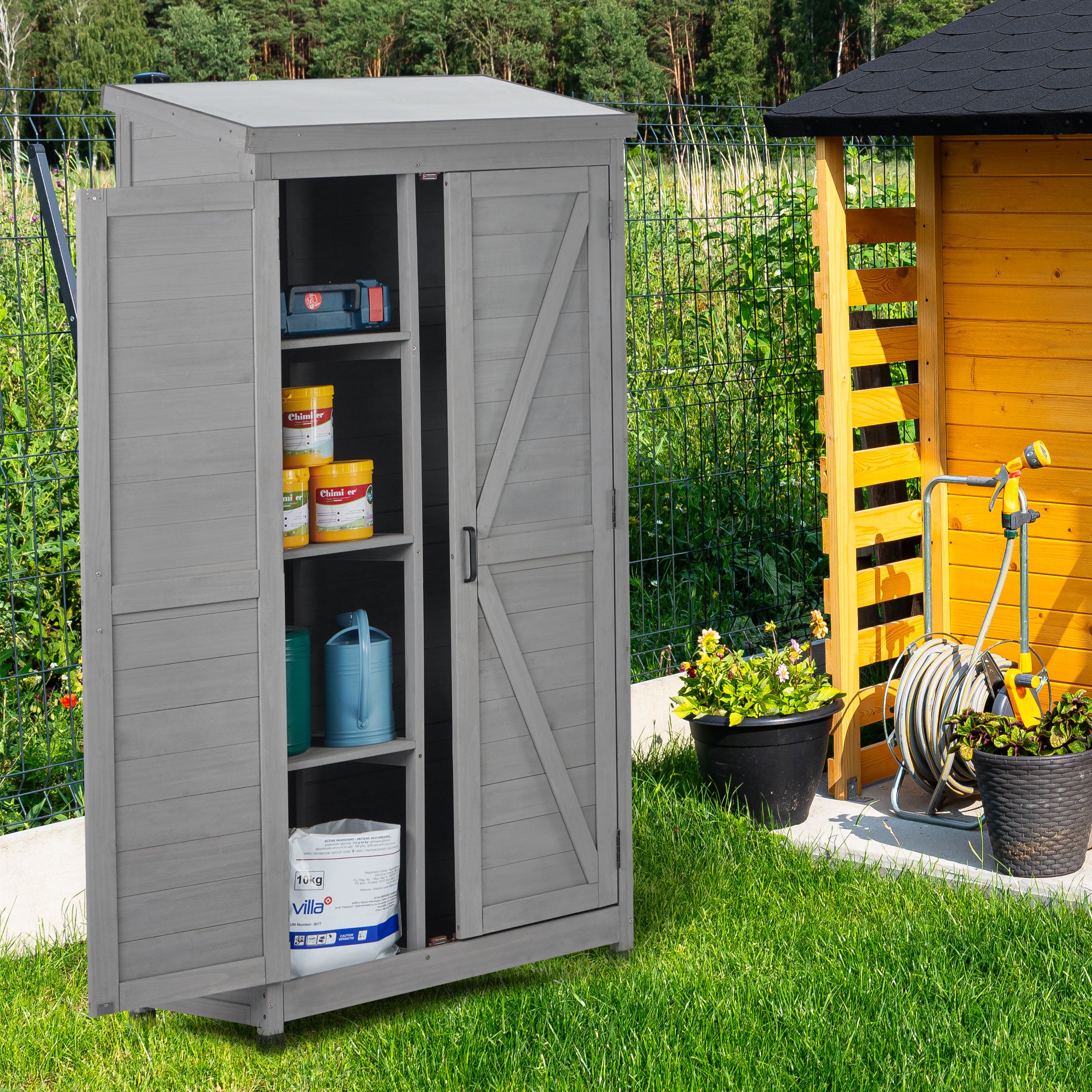 Outdoor Storage Cabinet and Metal Top,Garden Storage Shed,Outdoor 68 Inches Wood Tall Shed for Yard and Patio