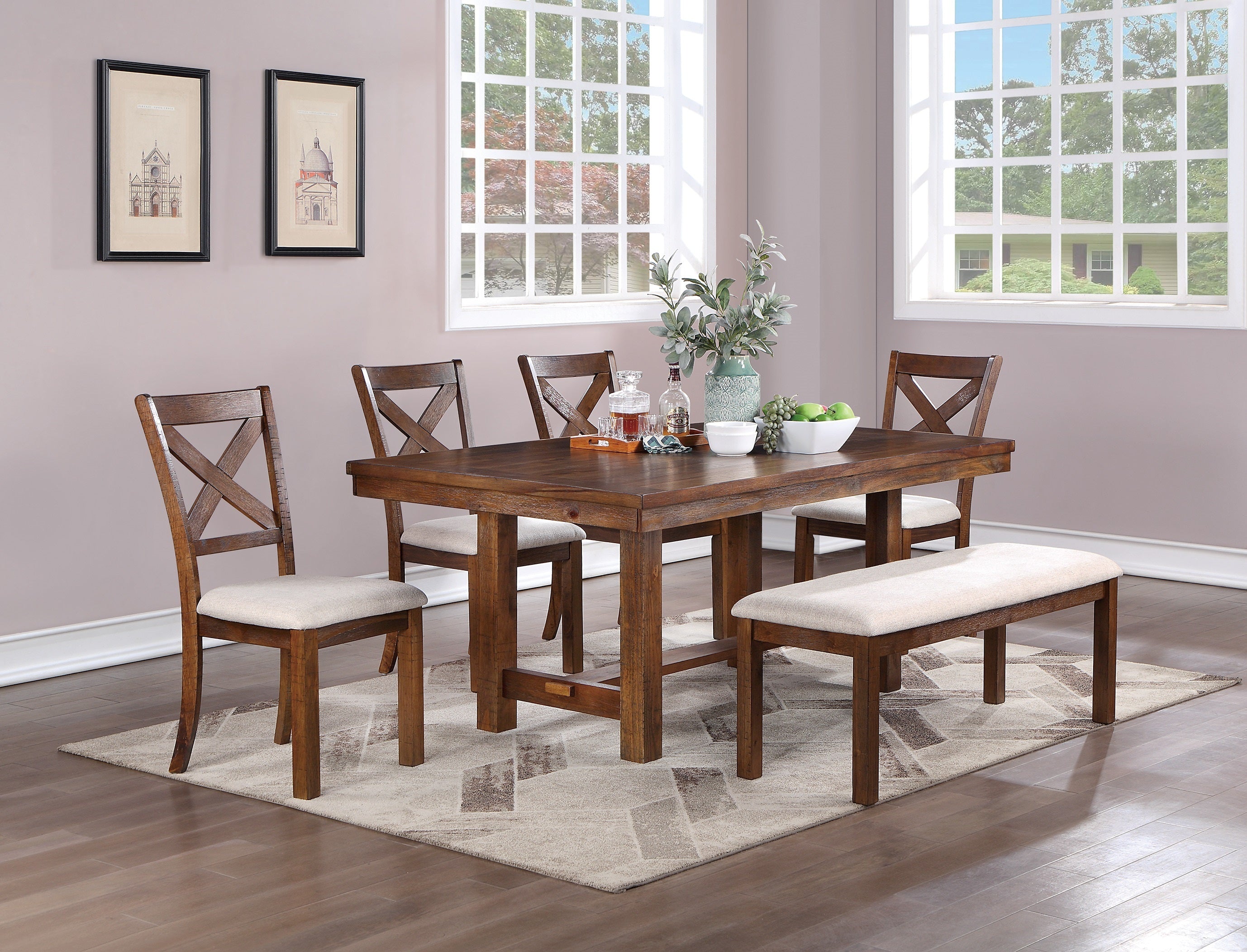 Dining Table 1x Bench and 4x Side Chairs Natural Brown Finish Solid wood 6pc Dining Table Wooden Contemporary Style Kitchen Dining Room Furniture