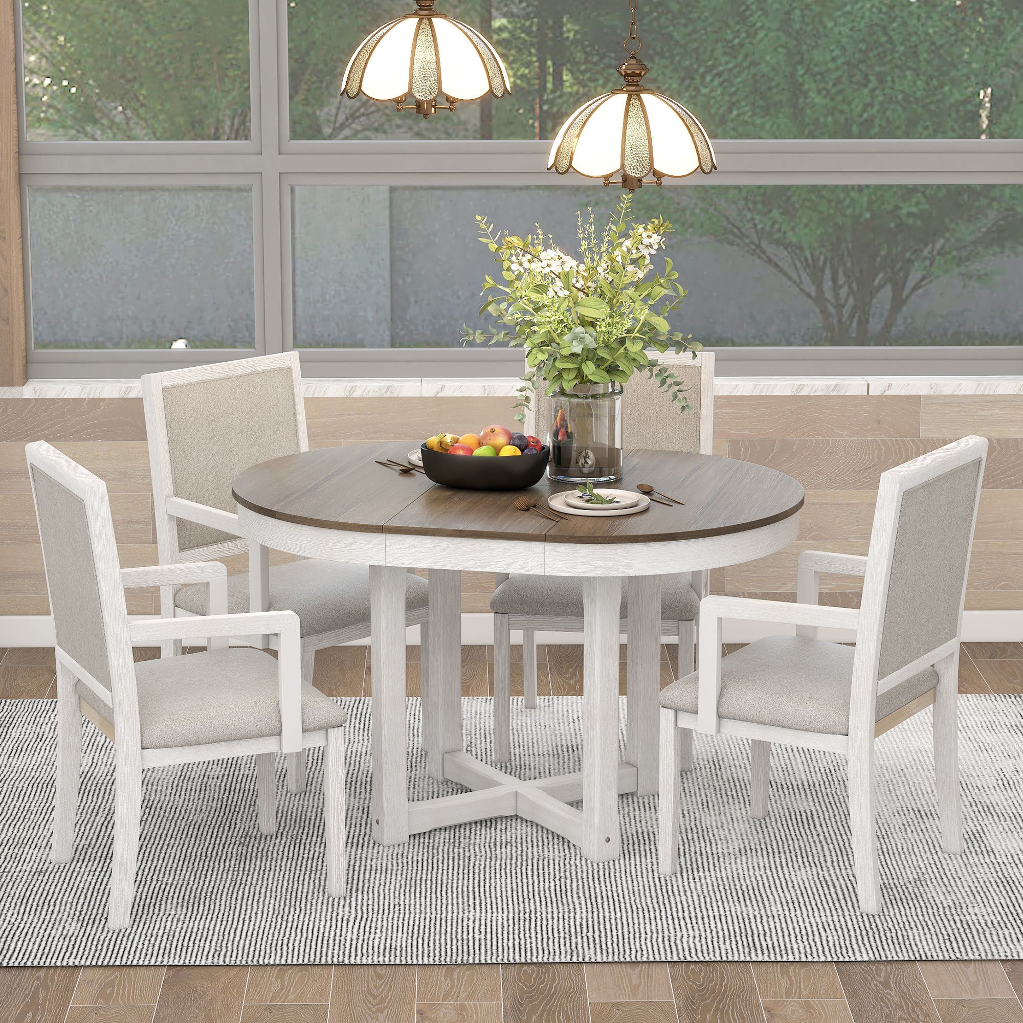 TREXM 5-Piece Dining Table Set, Two-Size Round To Oval Extendable Butterfly Leaf Wood Dining Table and 4 Upholstered Dining Chairs with Armrests (Brown+White)