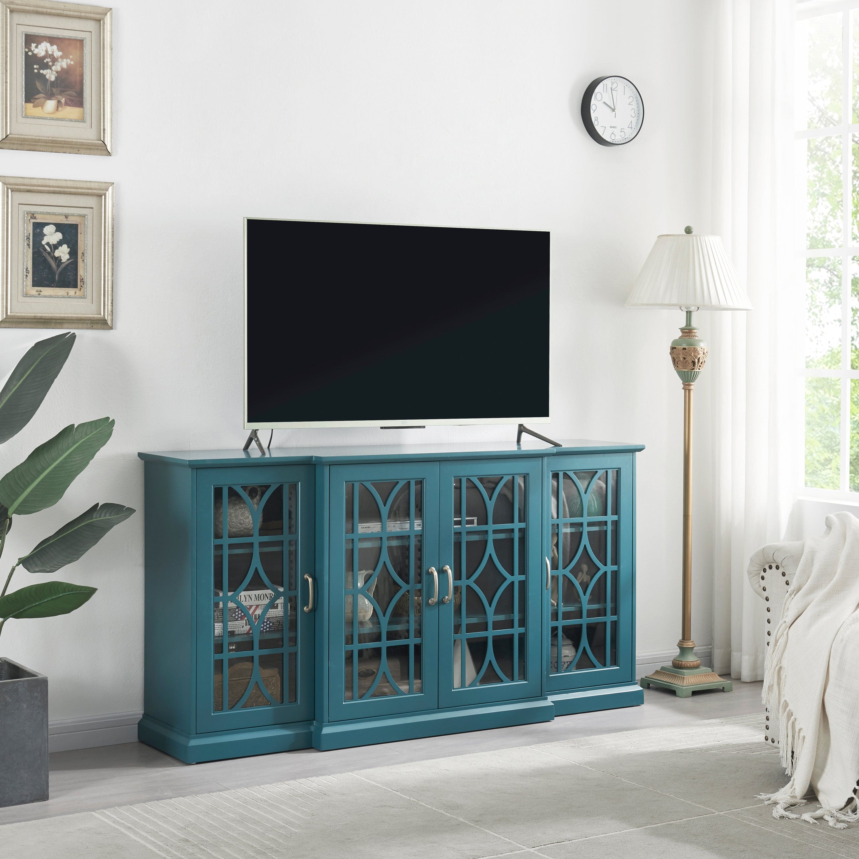 63" TV Stand,  Sideboard Buffet ,Storage Cabinet, Teal Blue