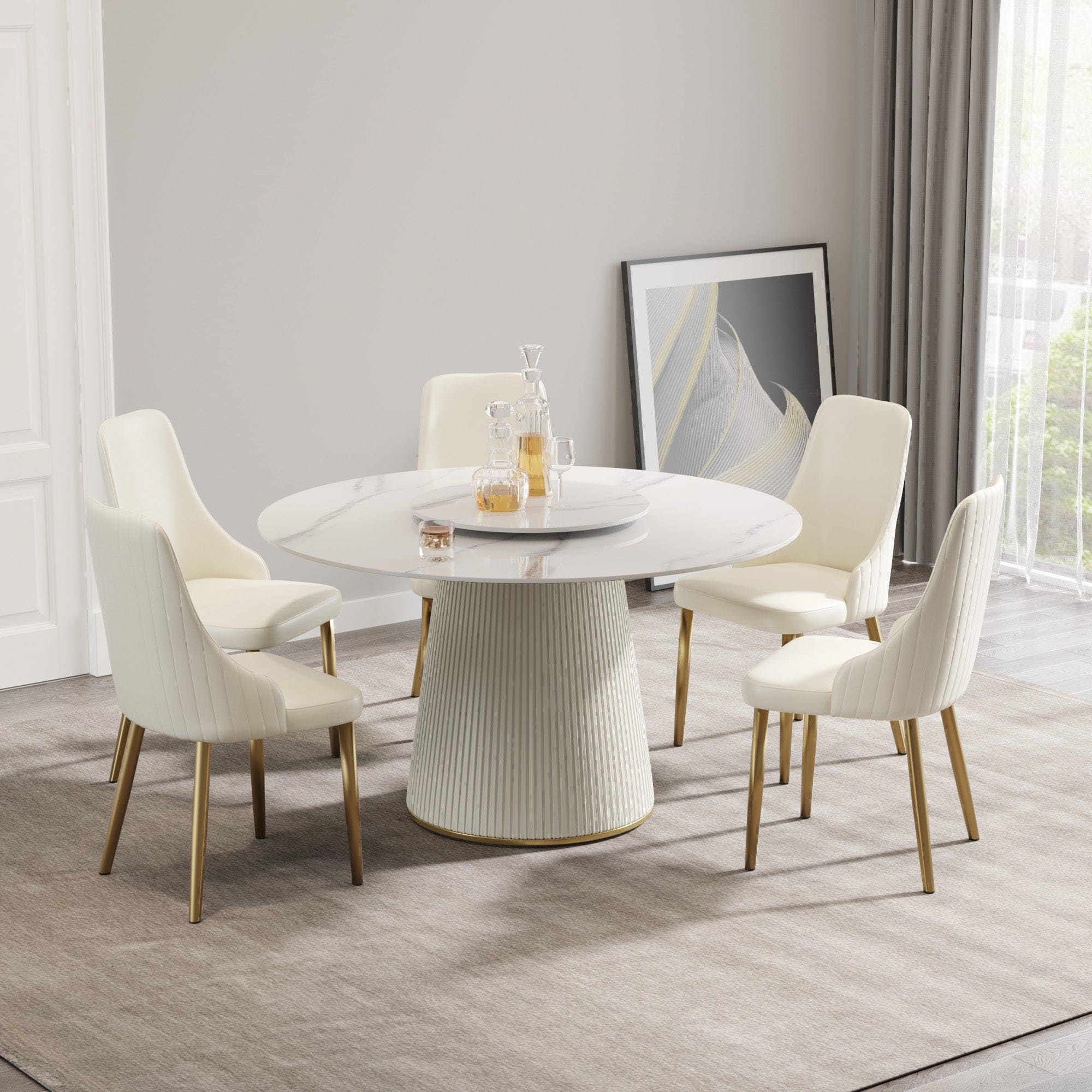 53.15 "Modern white artificial stone round beige plywood PU base dining table-can accommodate 6 people-23.62"white artificial stone turntable (Not including chairs. )