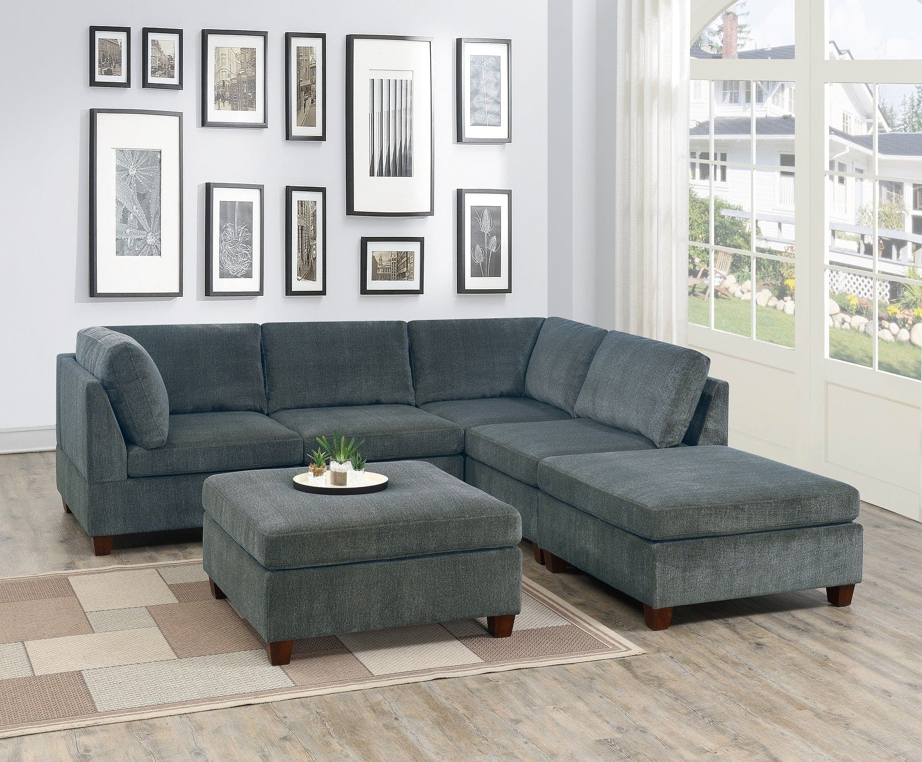 Living Room Furniture Grey Chenille Modular Sectional 6pc Set Corner L-Sectional Modern Couch 2x Corner Wedge 2x Armless Chairs and 2x Ottomans Plywood