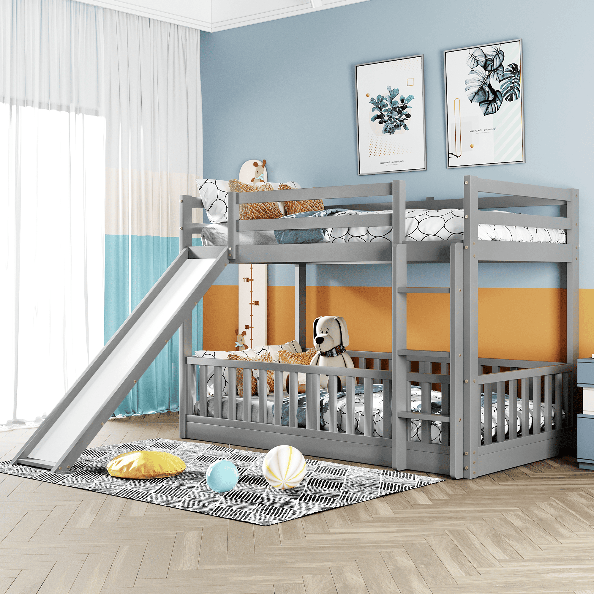 Twin Over Twin Bunk Bed with Slide and Ladder, Gray（Old SKU:LP000009AAE）