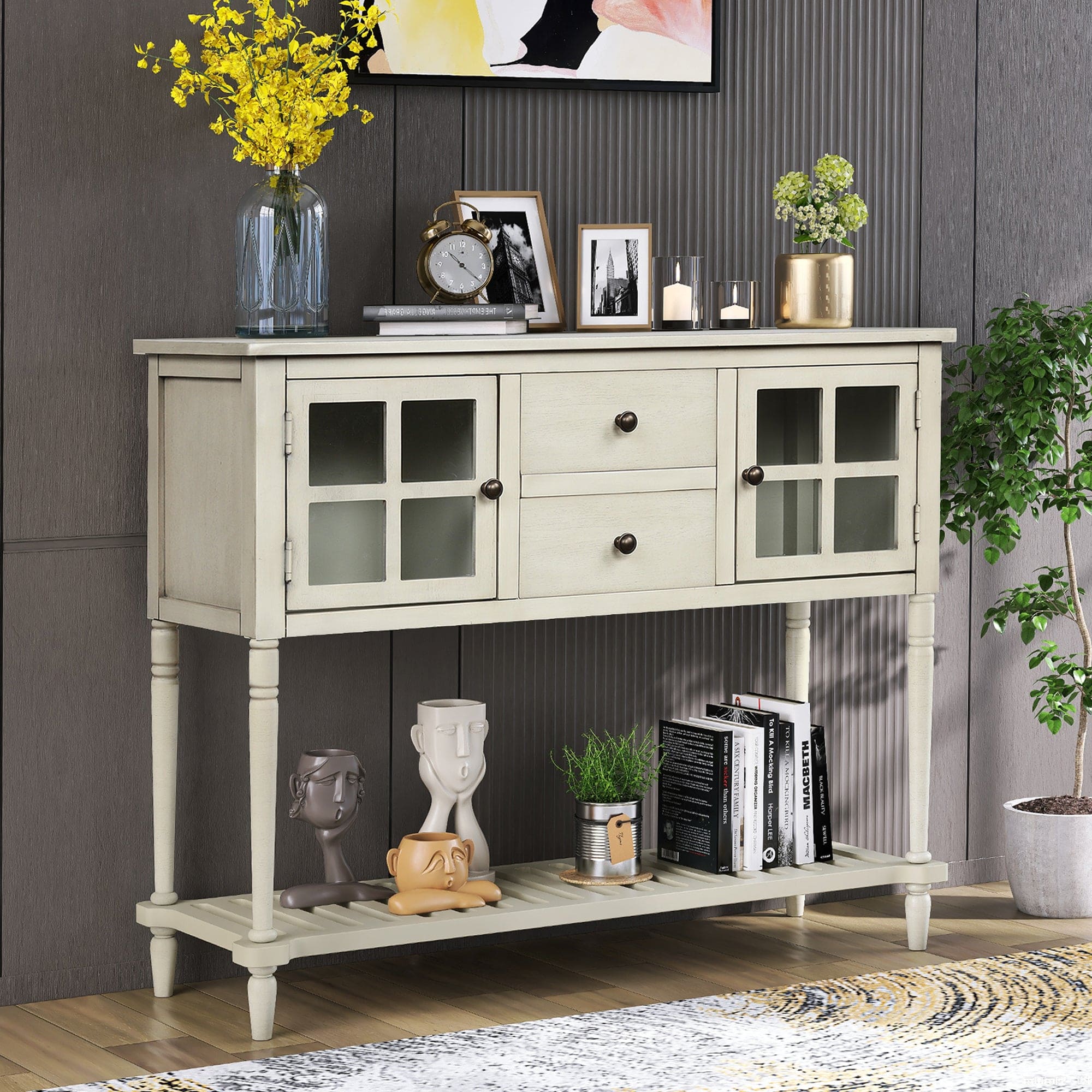 TREXM Sideboard Console Table with Bottom Shelf, Farmhouse Wood/Glass Buffet Storage Cabinet Living Room (Antique Grey)