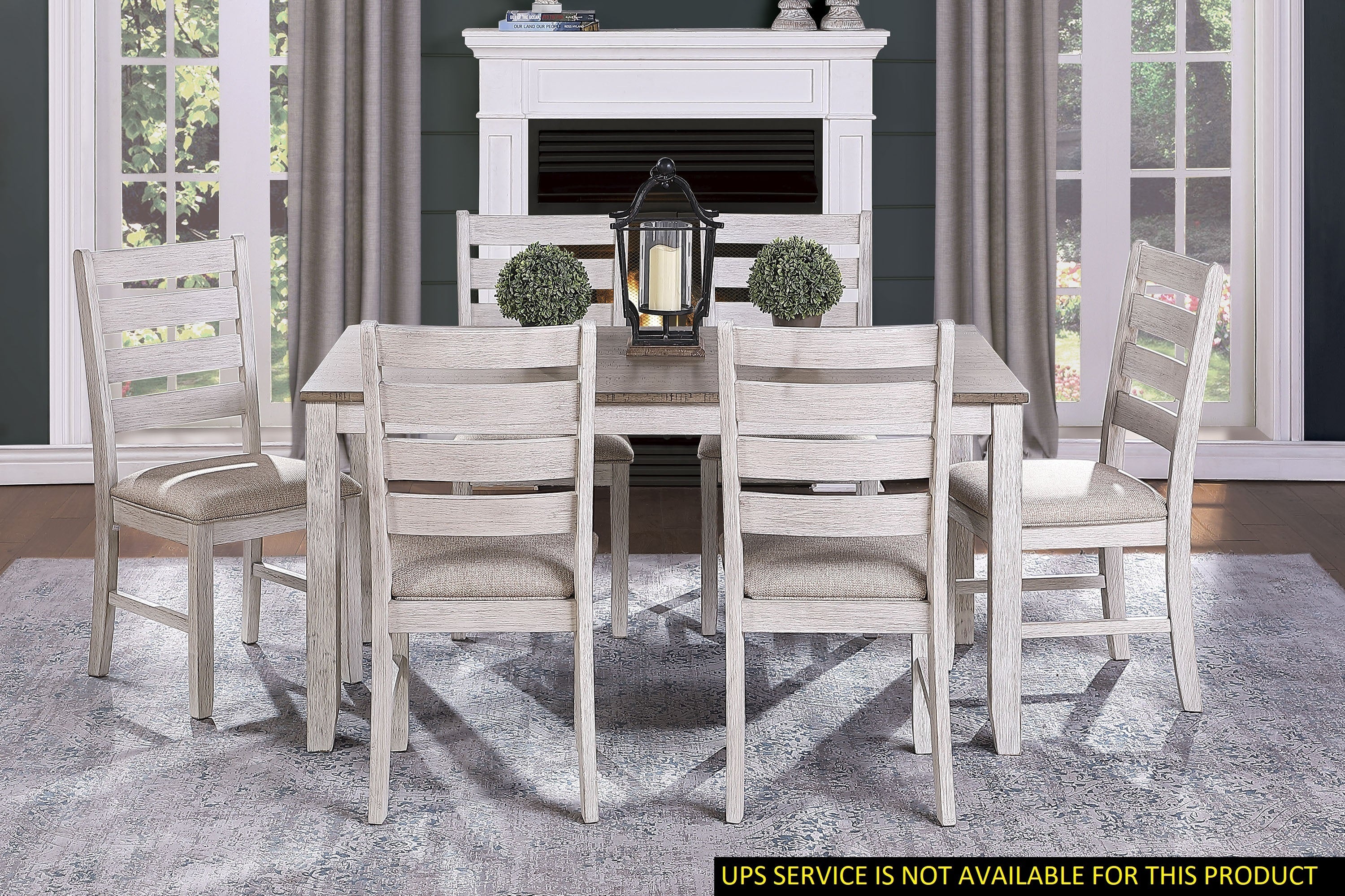 Grayish White and Brown Finish Casual Dining Room Furniture 7pc Dining Set Rectangular Wooden Table and 6x Side Chairs Fabric Upholstered Seat