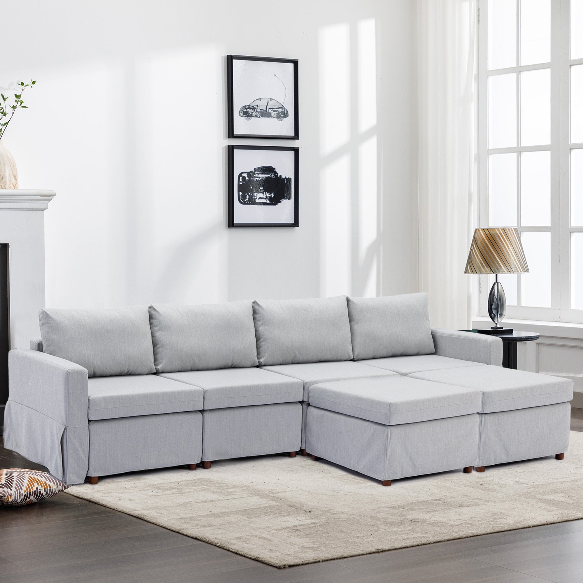 4 Seat Module Sectional Sofa Couch With 2 Ottoman,Seat Cushion and Back Cushion Removable and Washable,Light Grey