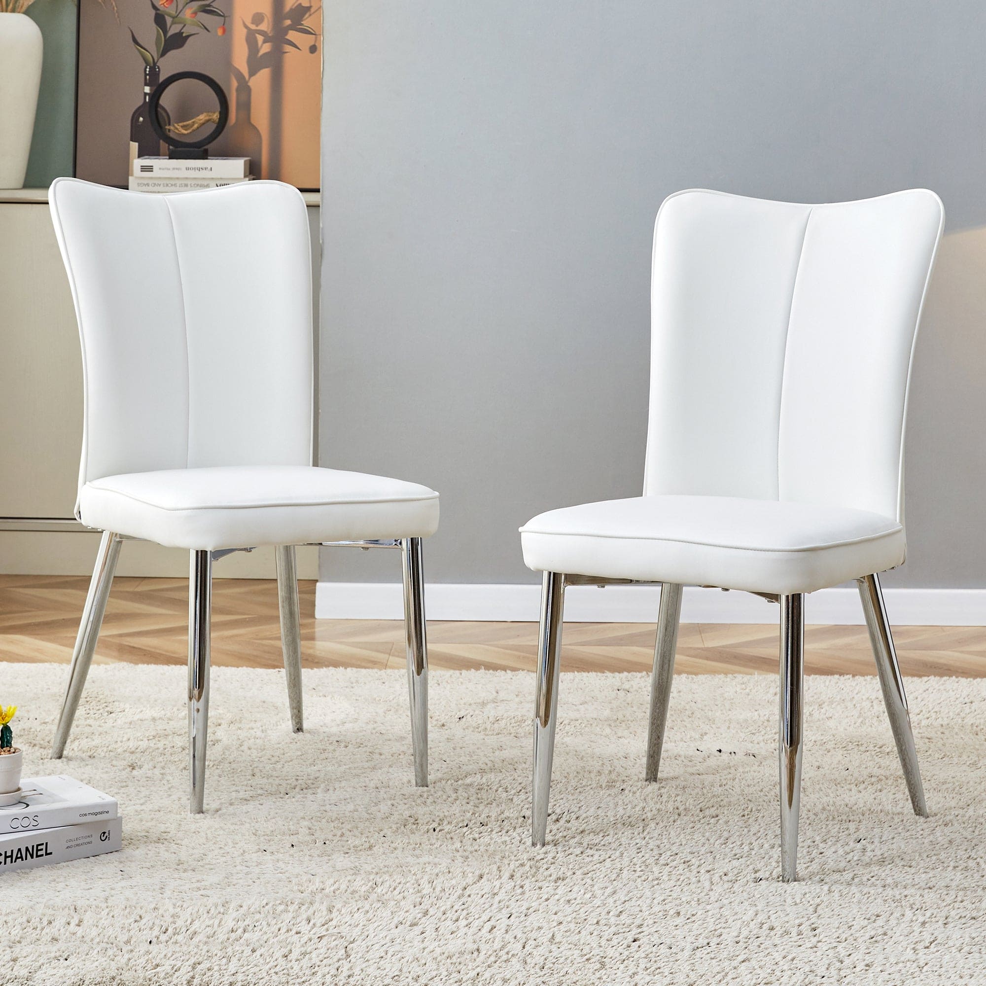 Modern minimalist dining chairs, office chairs. 2-piece set of white PU seats with silver metal legs. Suitable for restaurants, living rooms, and offices. C-008