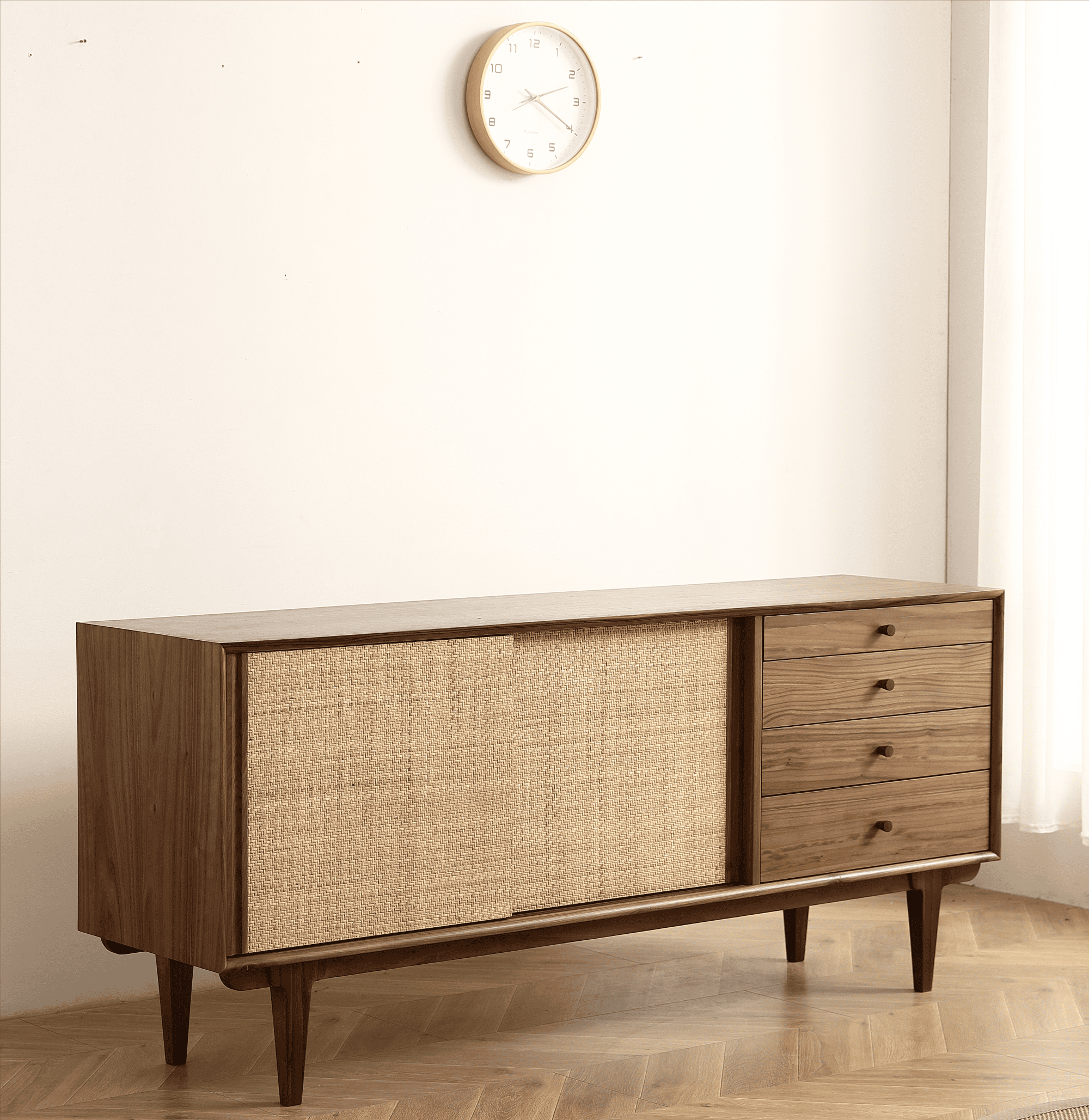 Two Door Four Drawer Cabinet with Natural Rattan Weaving - Black Walnut/Natural Vine MDF Sideboard,Sideboard Buffet Cabinet. 68.89 inch