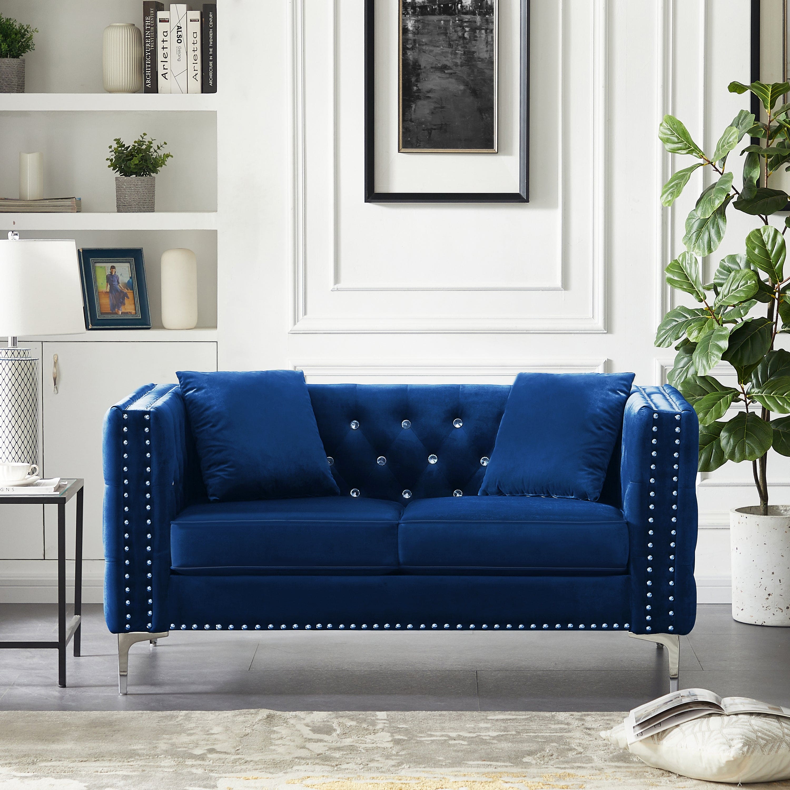 59.4 Inch Wide Blue Velvet Sofa with Jeweled buttons,Square Arm ,2 Pillows