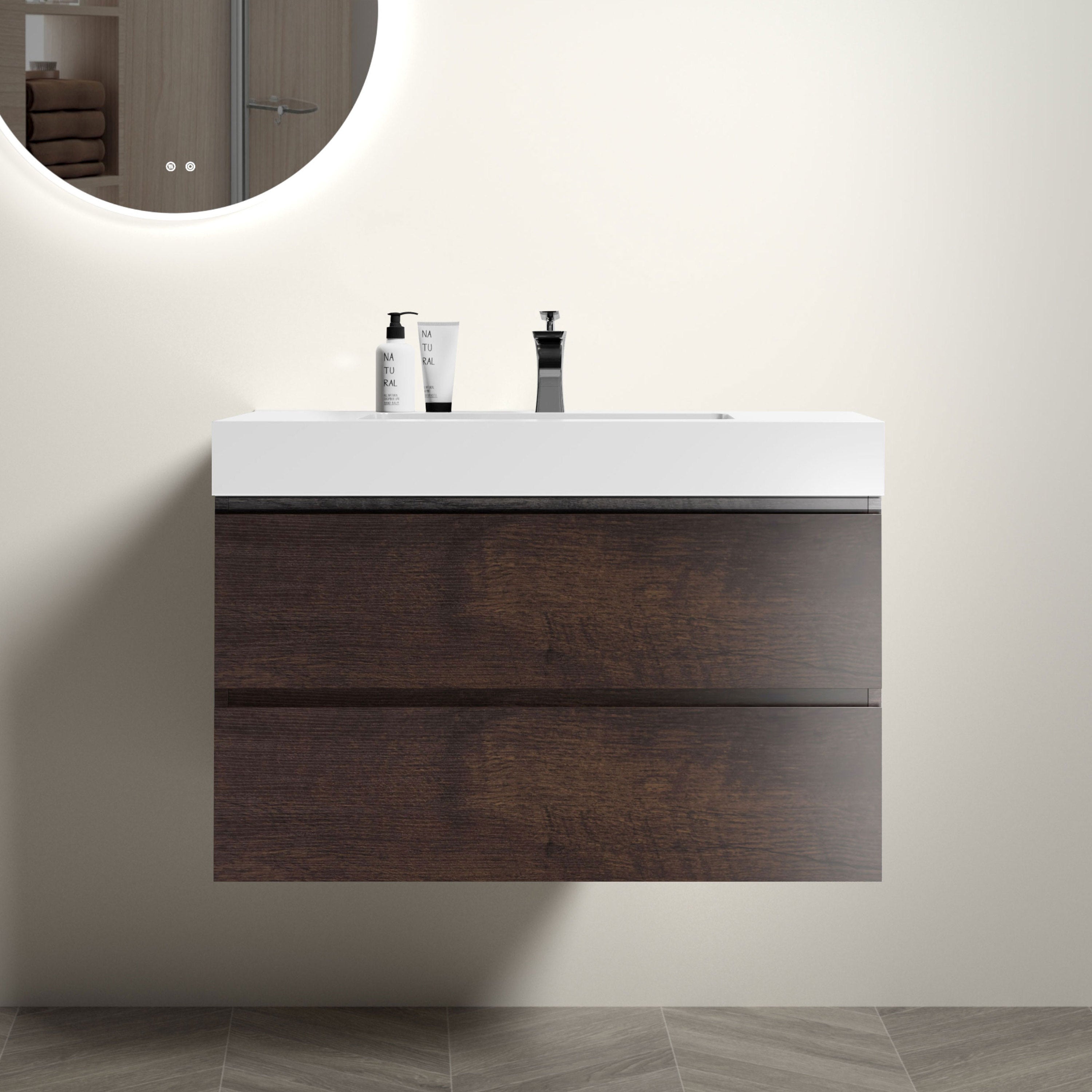 Alice 36" Walnut Bathroom Vanity with Sink, Large Storage Wall Mounted Floating Bathroom Vanity for Modern Bathroom, One-Piece White Sink Basin without Drain and Faucet