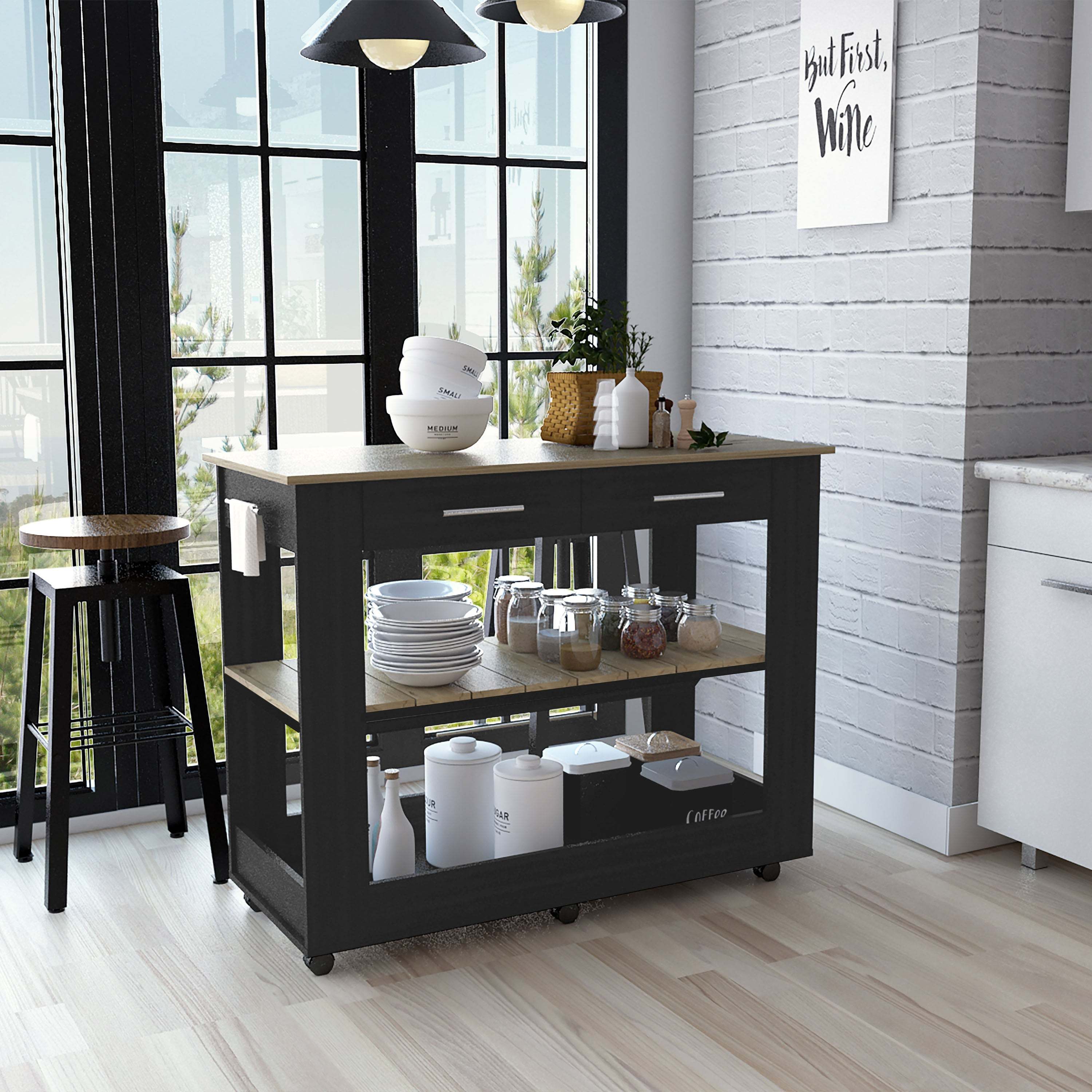 DEPOT E-SHOP Delos 46 Kitchen Island White, Six Casters, Two Drawers, Lower Open Shelf, Black / Light Oak