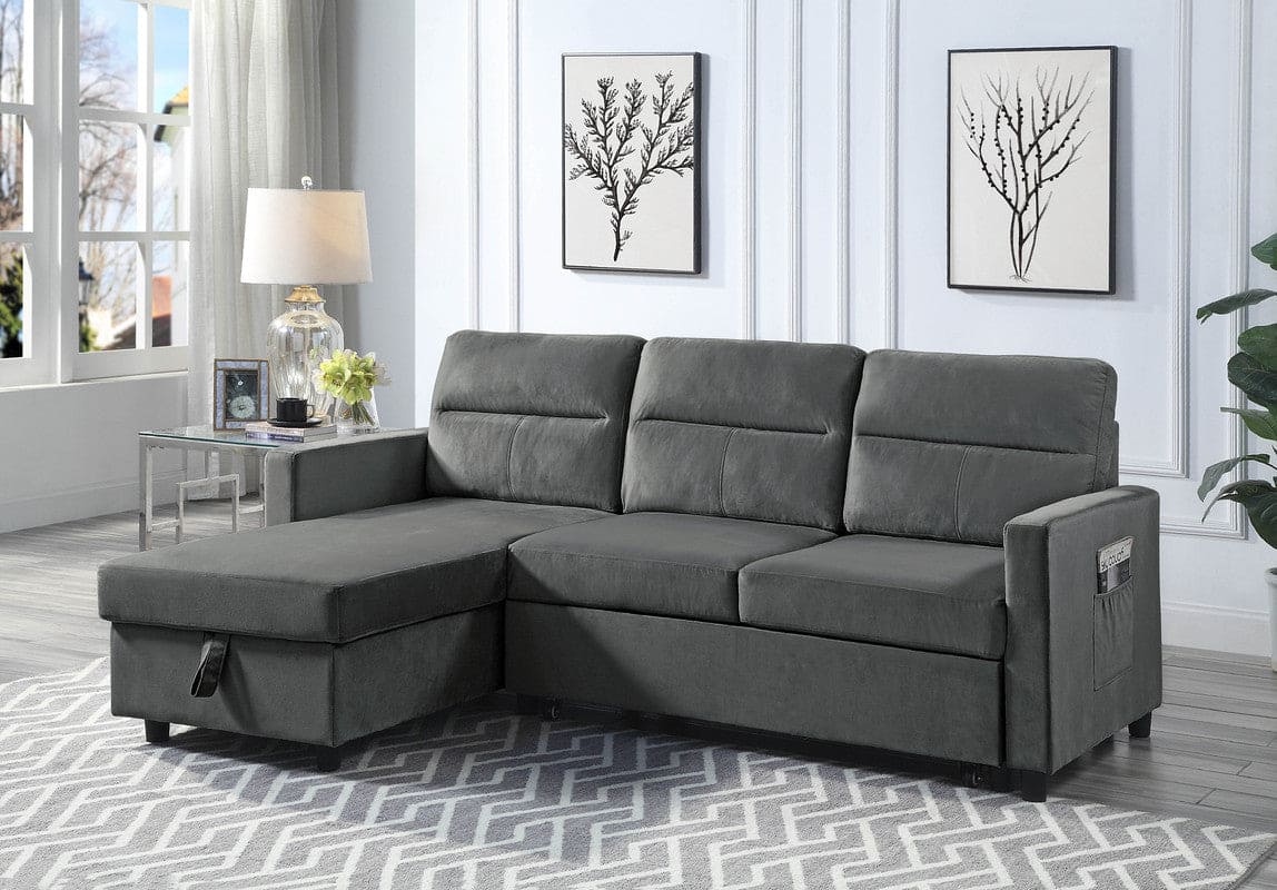 Ivy Dark Gray Velvet Reversible Sleeper Sectional Sofa with Storage Chaise and Side Pocket