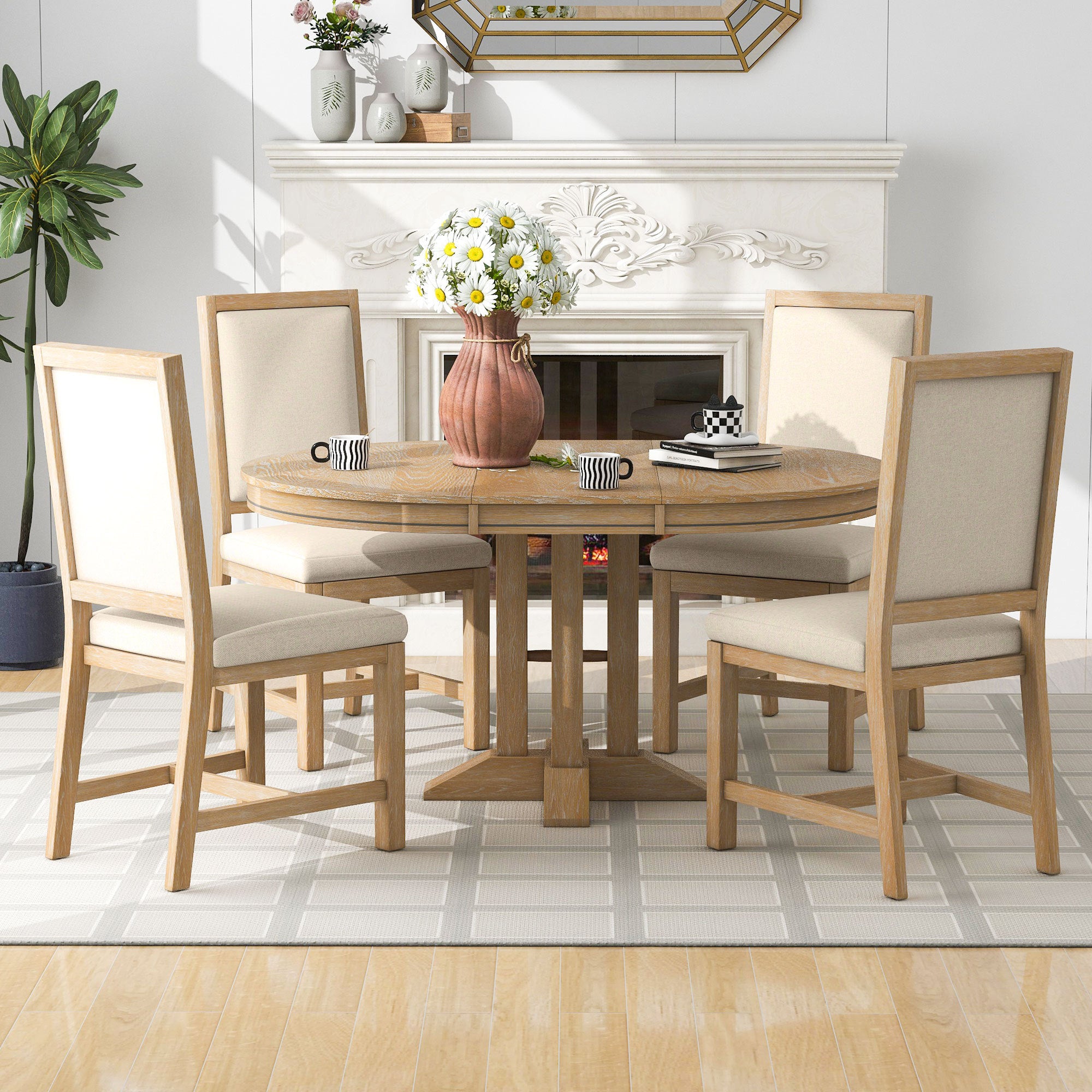 TREXM 5-Piece Dining Set Extendable Round Table and 4 Upholstered Chairs Farmhouse Dining Set for Kitchen, Dining Room(Natural Wood Wash)