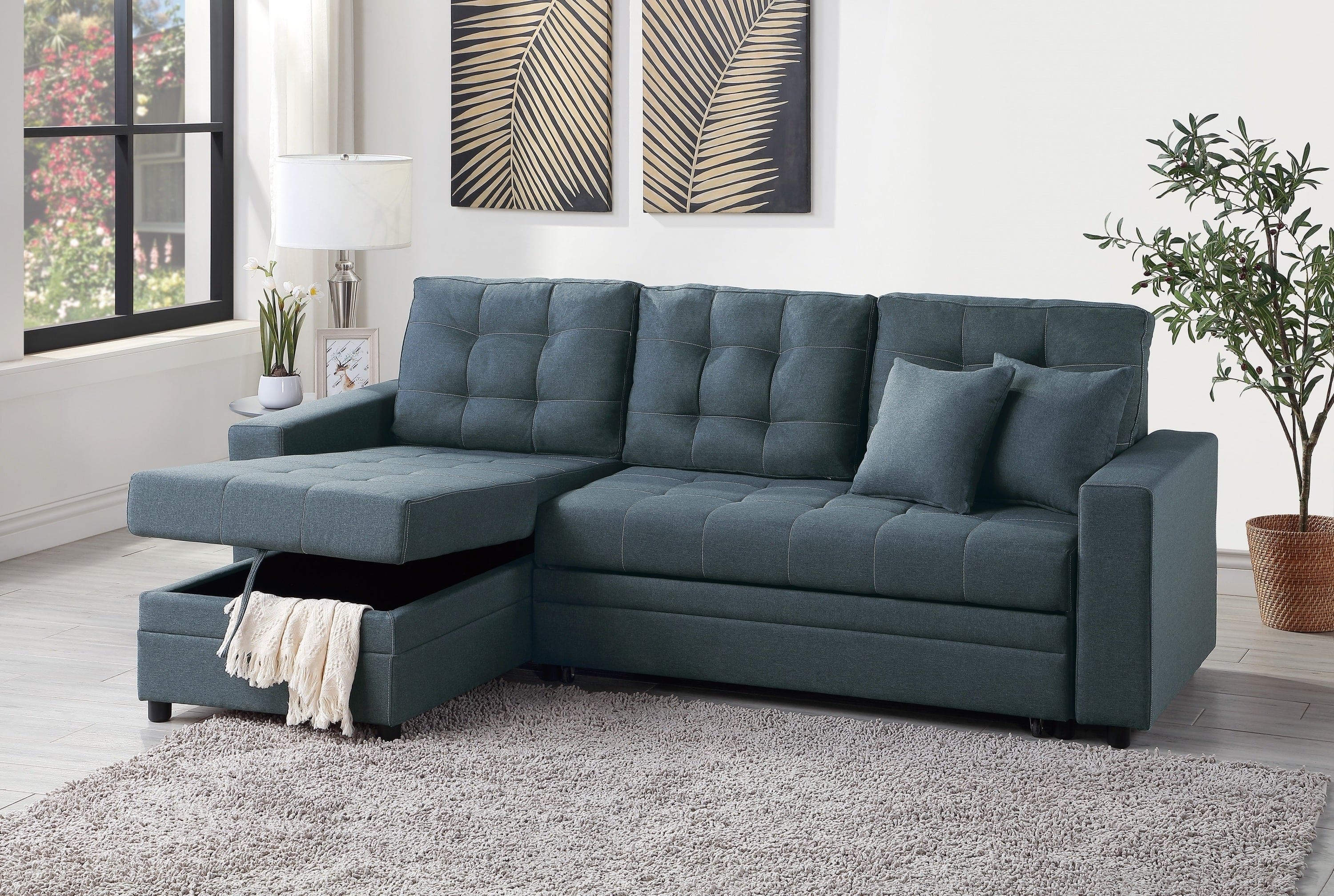 Blue Grey Convertible Sectional Pull Out Bed Sofa Chaise Reversible Storage Chaise Polyfiber Tufted Couch Lounge