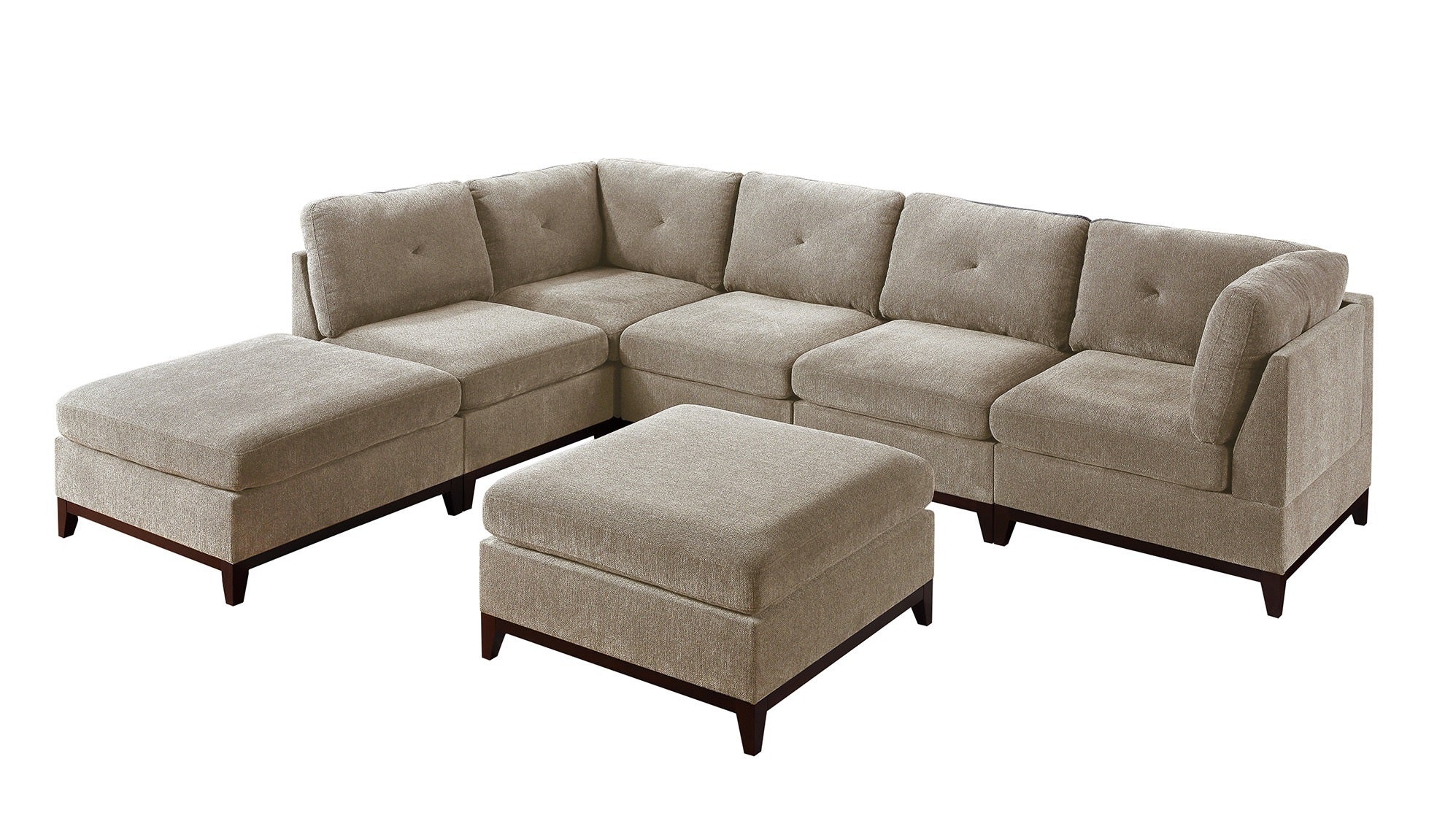 Camel Chenille Fabric Modular Sectional 7pc Set Living Room Furniture L-Sectional Couch 2x Corner Wedge 3x Armless Chairs and 2x Ottomans Tufted Back Exposed Wooden Base