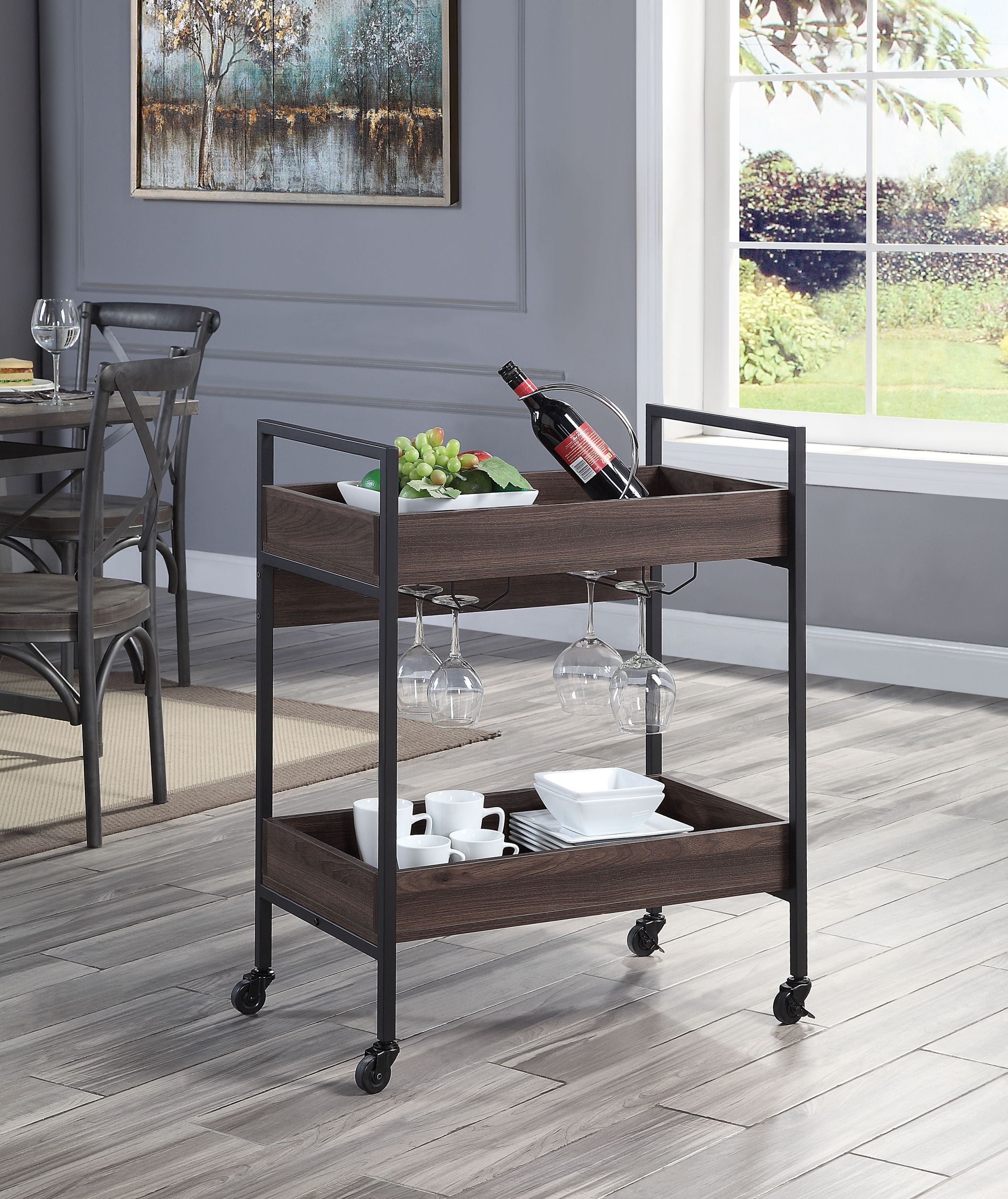 ACME Jerrick Serving Cart, Walnut & Black Finish AC00326