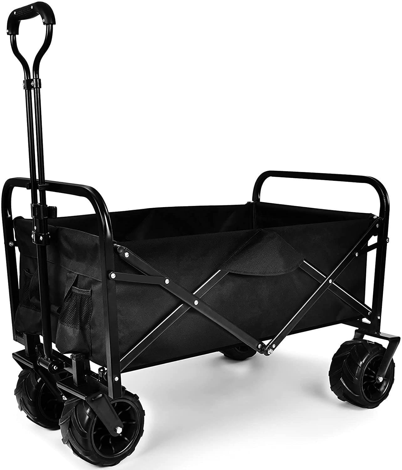 YSSOA Heavy Duty Folding Portable Cart Wagon with 7\'\' Widened All-Terrain Wheels Prevent to Sinking in The Sand, Adjustable Handles and Double Fabric for Shopping, Park, Beach, Camping, Black