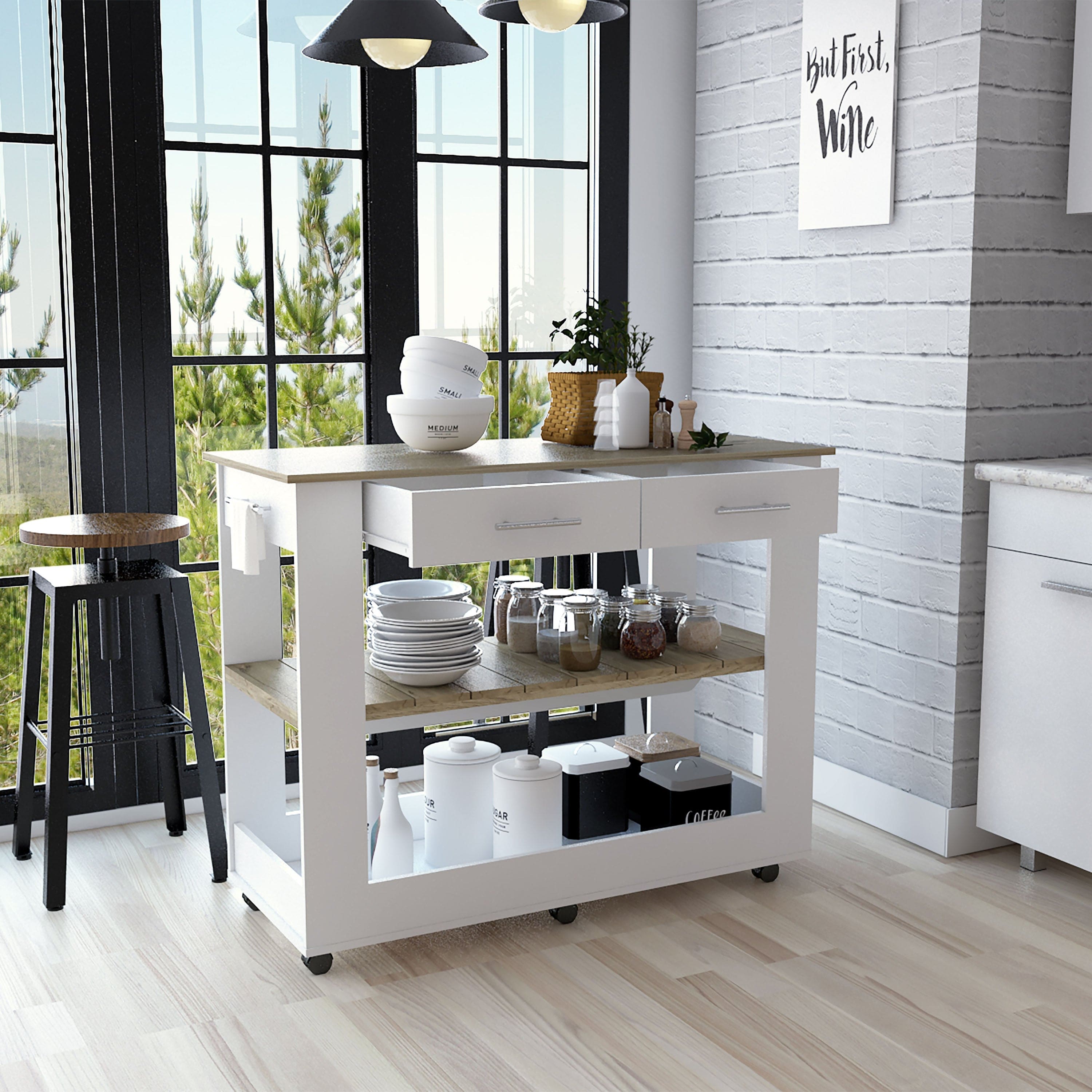 Kitchen Island 46 Inches Dozza, Two Drawers, White / Light Oak Finish