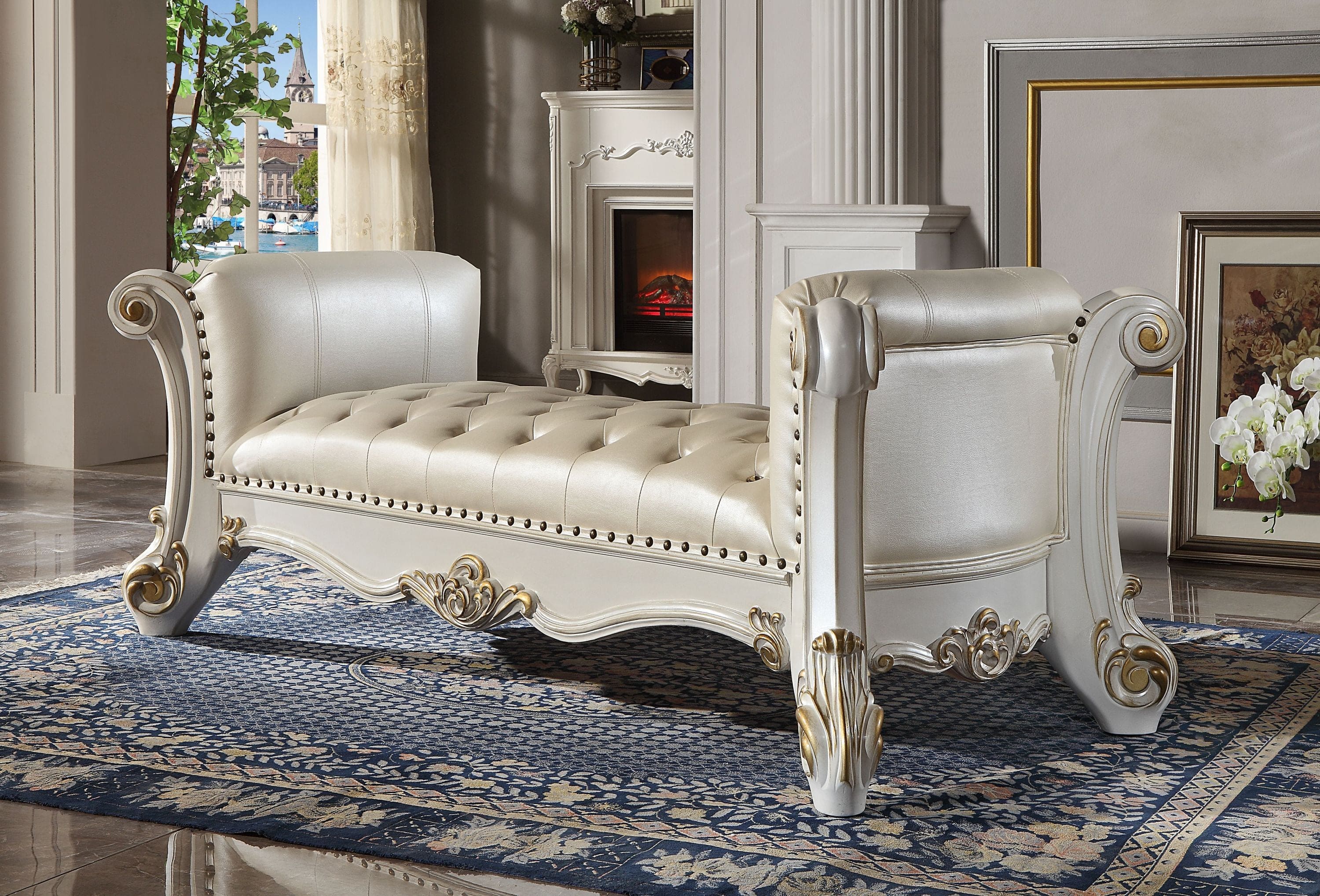 ACME Vendome Bench, Synthetic Leather & Antique Pearl Finish BD01522