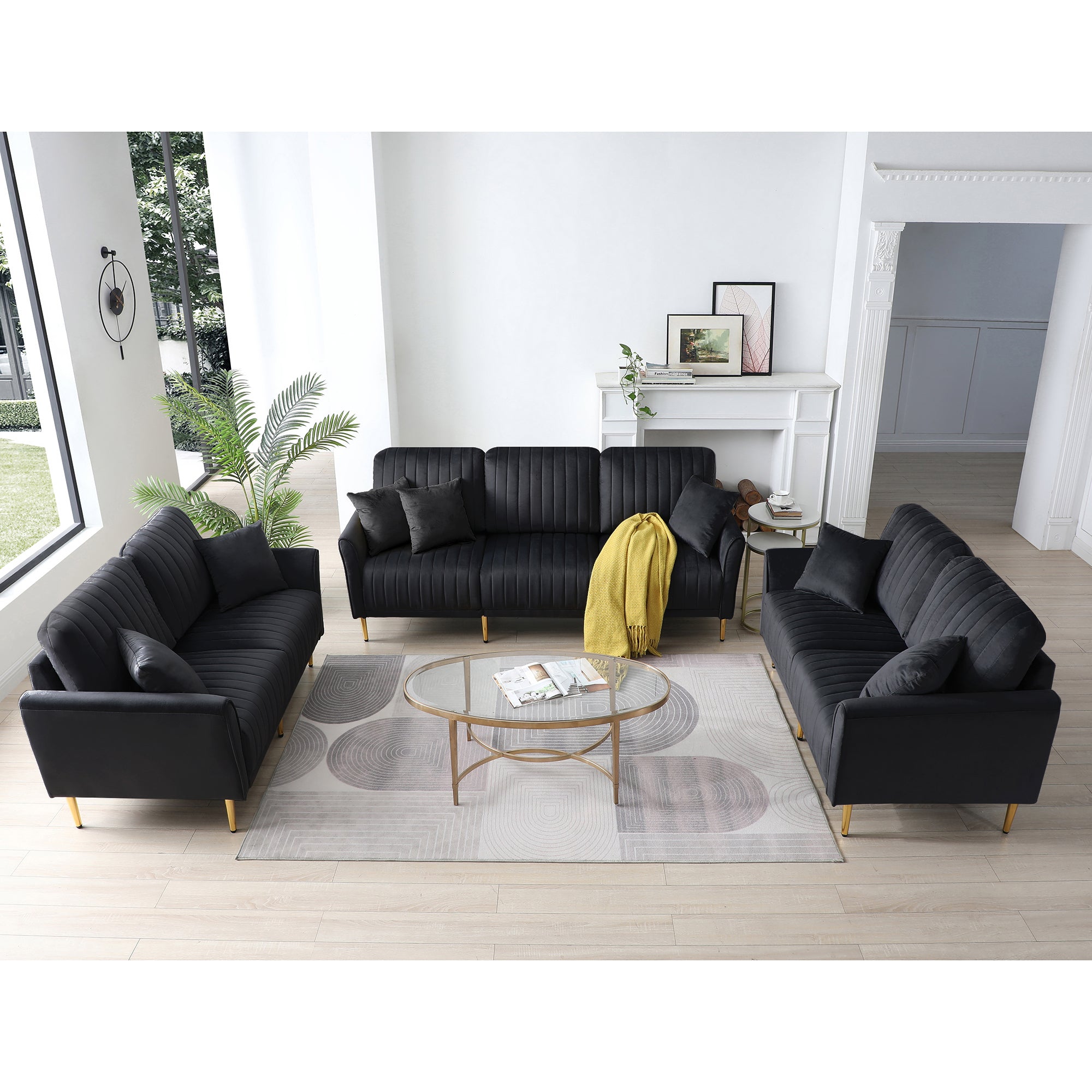 3 Pieces Sectional Sofa Set for Living Room, 2 pieces of two-seater sofas and 1 piece of 3-seater sofas, , 3 Pcs Couch Set with, Sectional Couches for Living Room, 3-Seater +Sofa + Loveseat , Black Ve