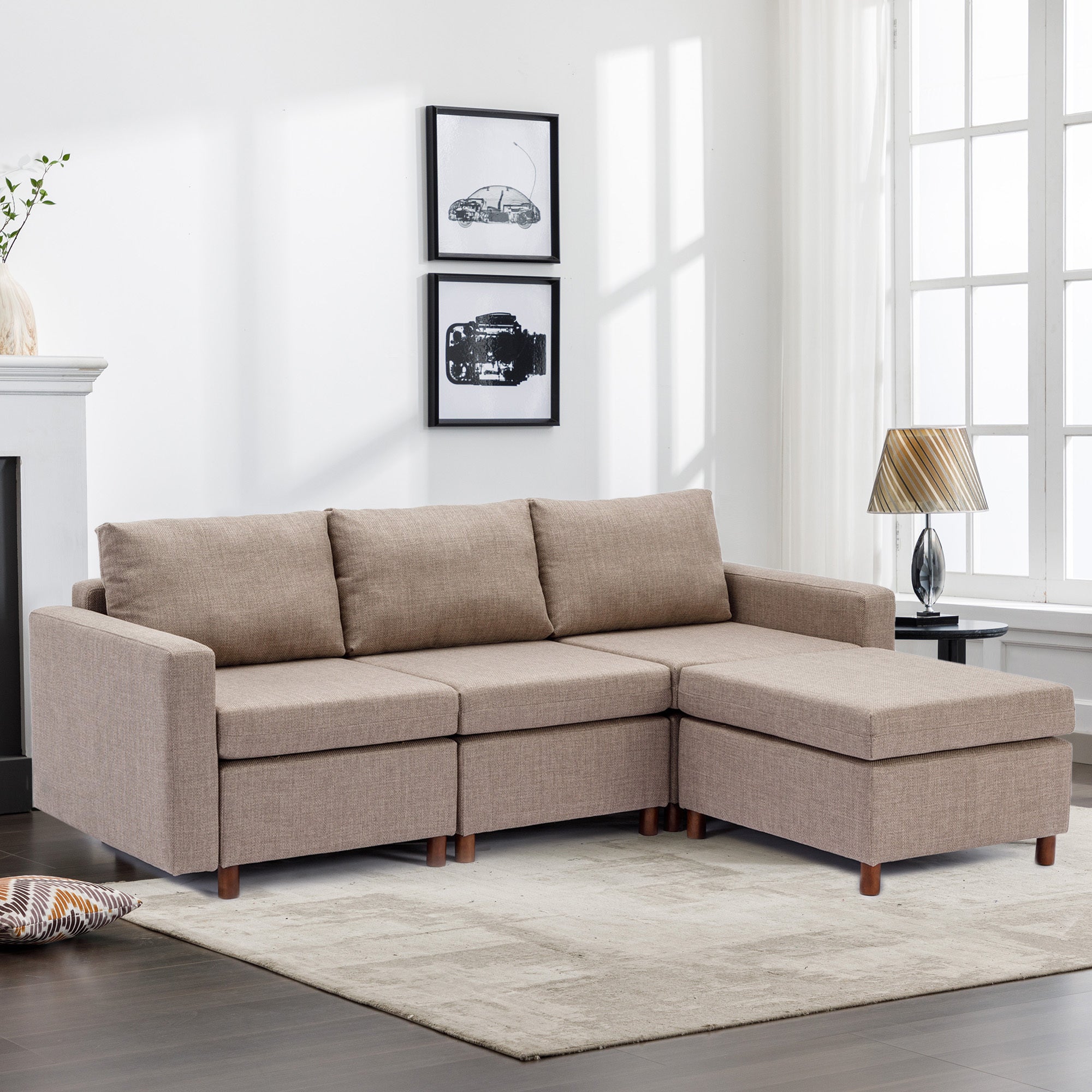 3 Seat Module Sectional Sofa Couch With 1 Ottoman for living room,Seat Cushion and Back Cushion Non-Removable and Non-Washable,Brown