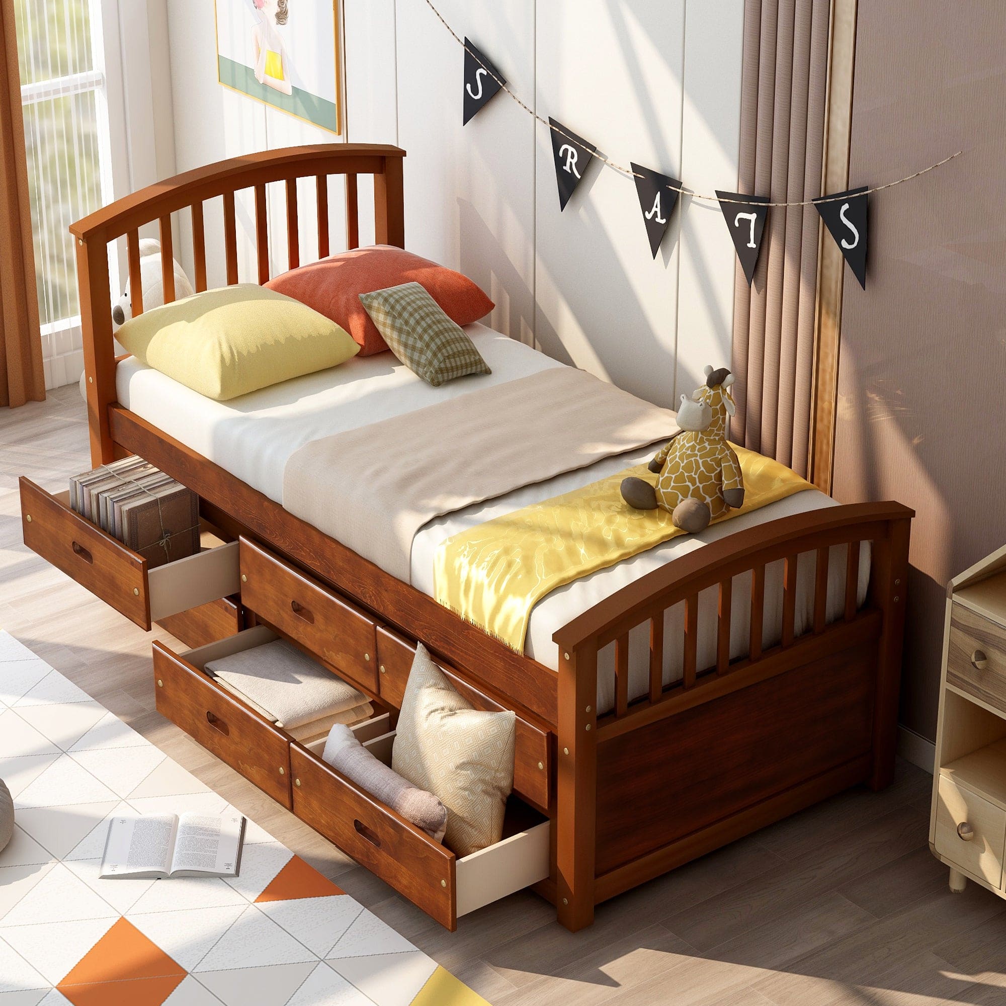 Orisfur. Twin Size Platform Storage Bed Solid Wood Bed with 6 Drawers