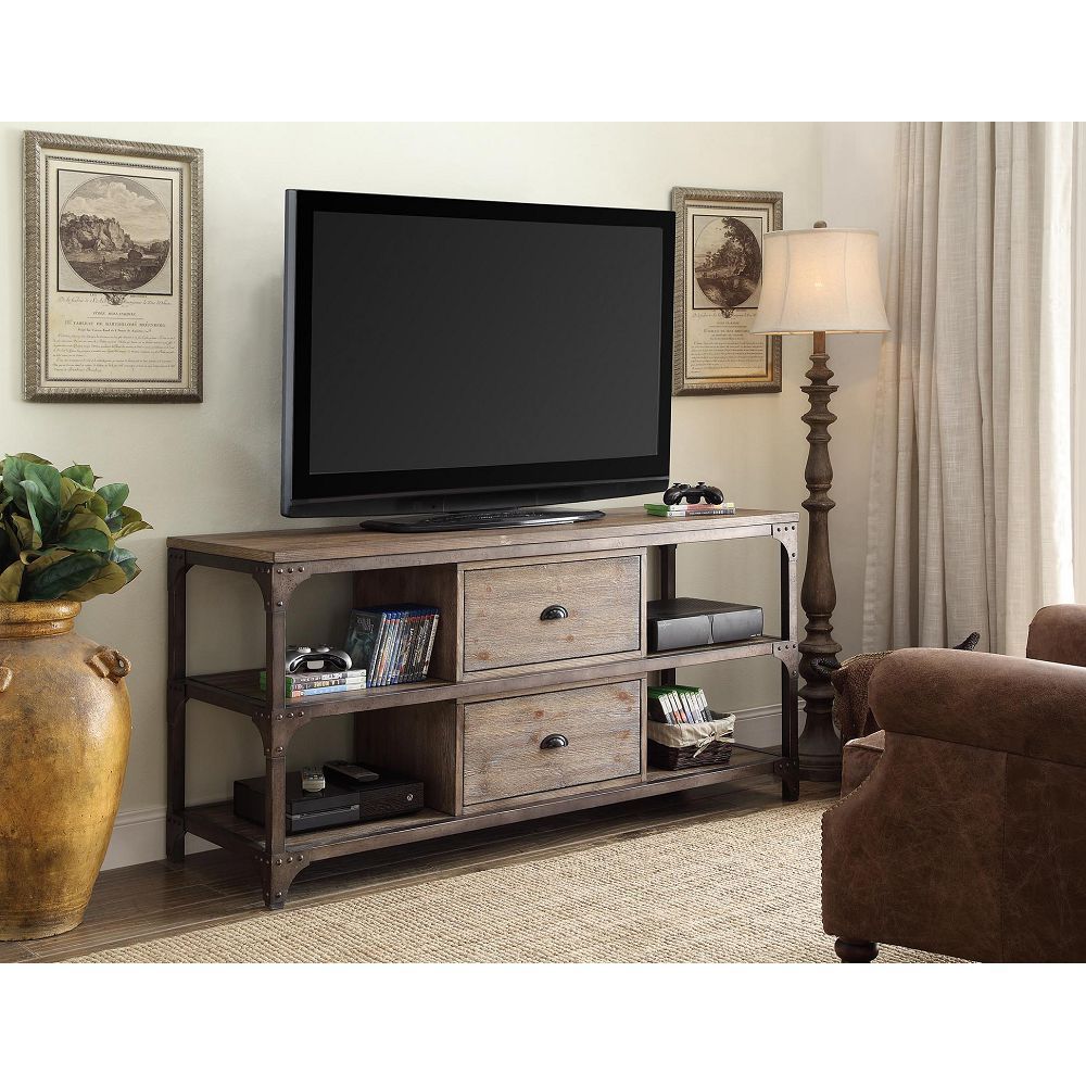 ACME Gorden TV Stand in Weathered Oak & Antique Silver 91504