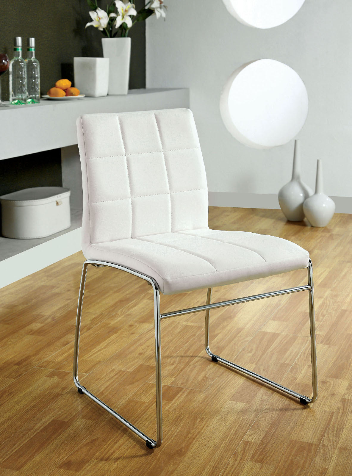 White Color Leatherette 2pcs Dining Chairs Chrome Metal Legs Dining Room Side Chairs