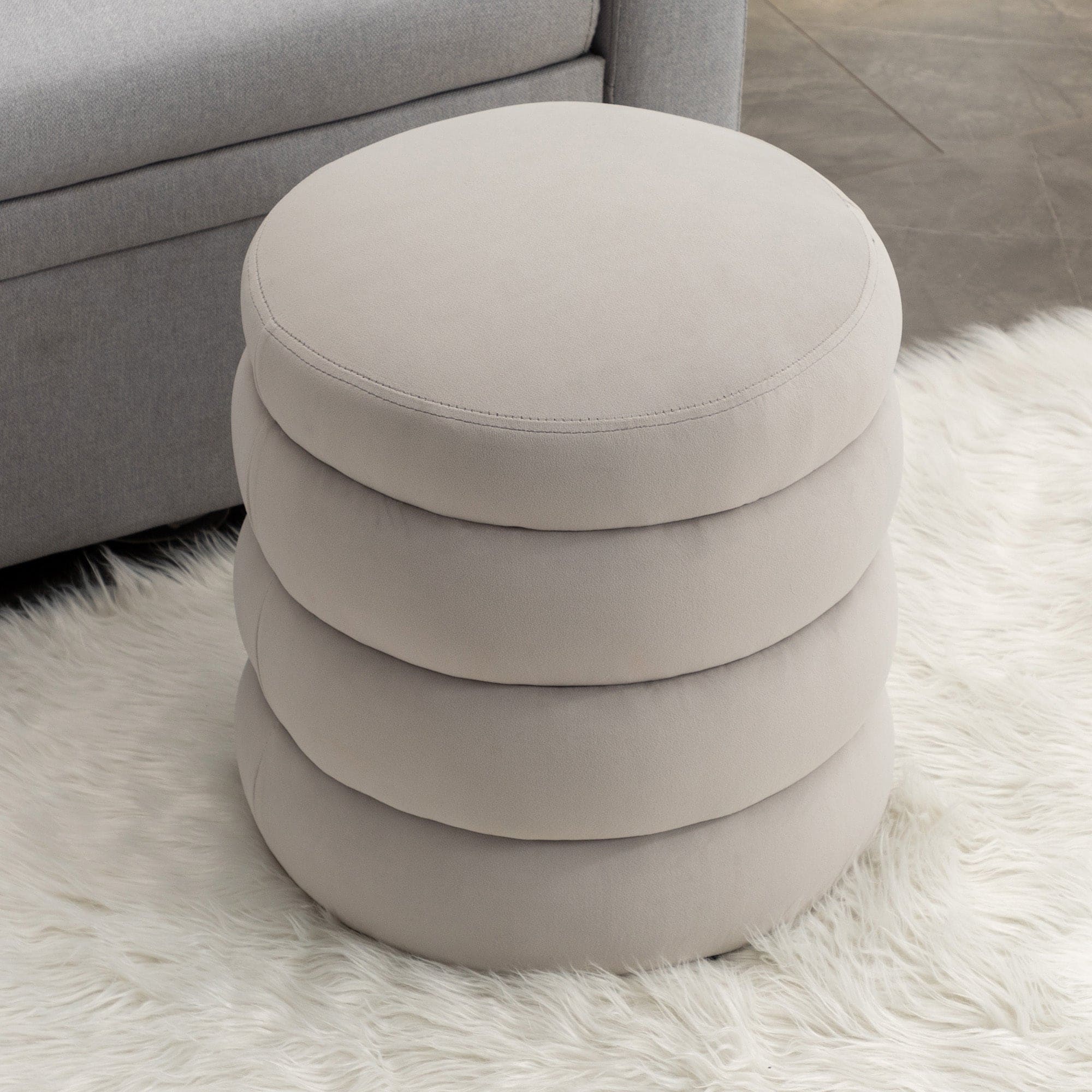 006-Soft Velvet  Round Ottoman Footrest Stool,Light Gray