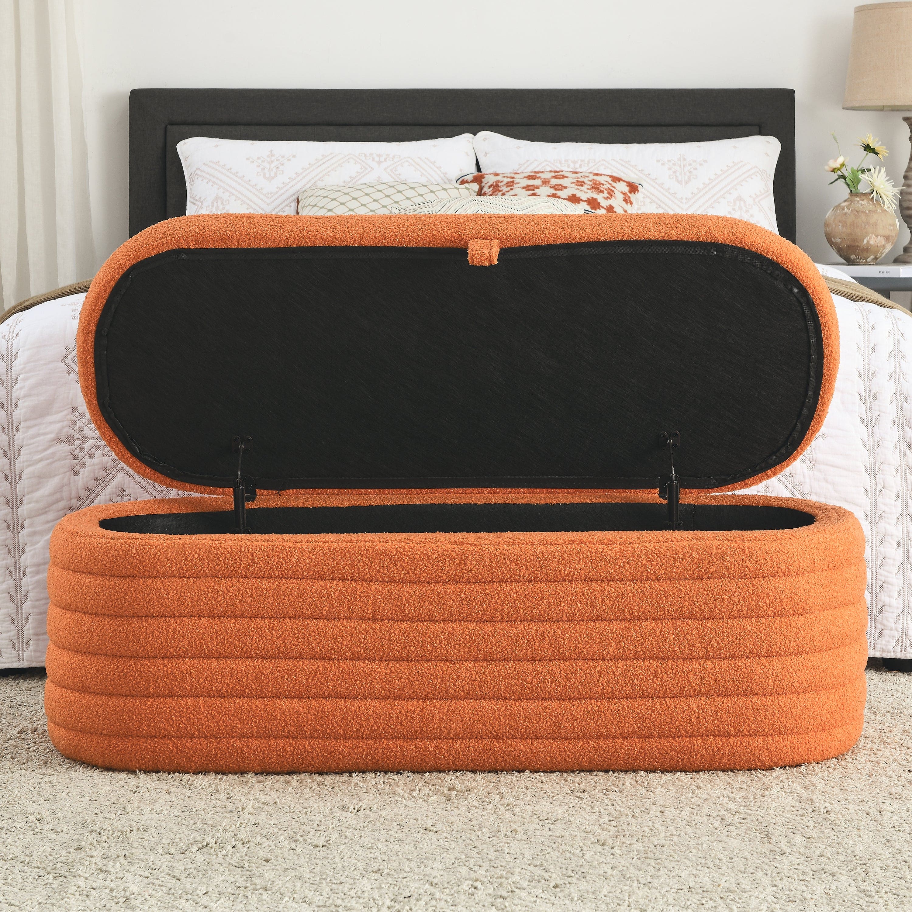 [Video] Welike Length 45.5 inchesStorage Ottoman Bench Upholstered Fabric Storage Bench End of Bed Stool with Safety Hinge for Bedroom, Living Room, Entryway, orange teddy.