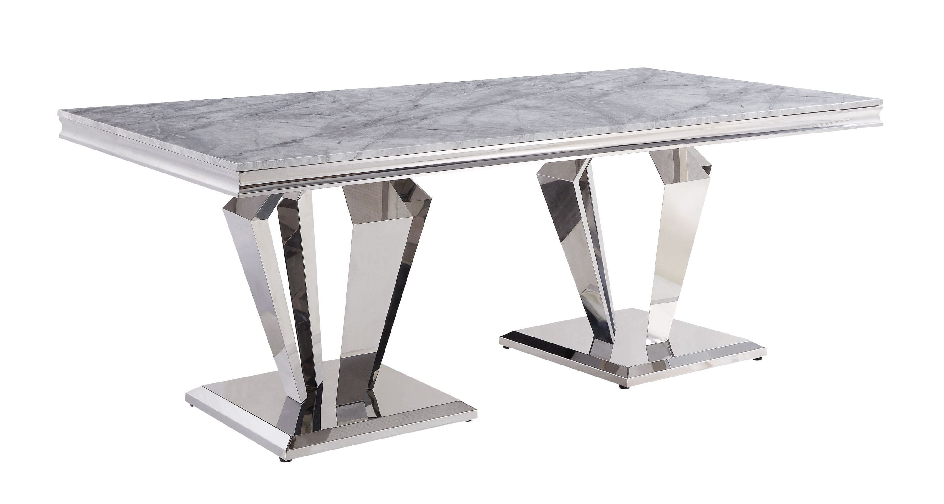 ACME Satinka Dining Table, Light Gray Printed Faux Marble & Mirrored Silver Finish 68265