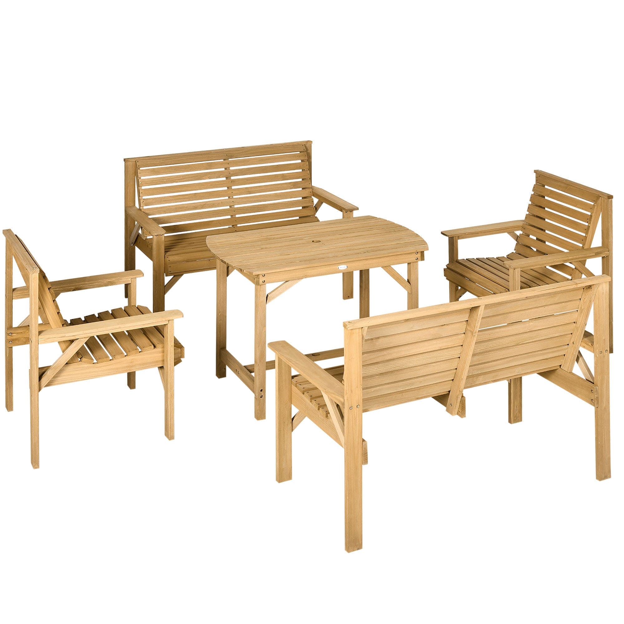 Outsunny 5 Piece Wooden Patio Dining Set for 6, Outdoor Conversation Set with 2 Armchairs, 2 Loveseats, and Dining Table with Umbrella Hole for Backyard, Garden, Light Brown