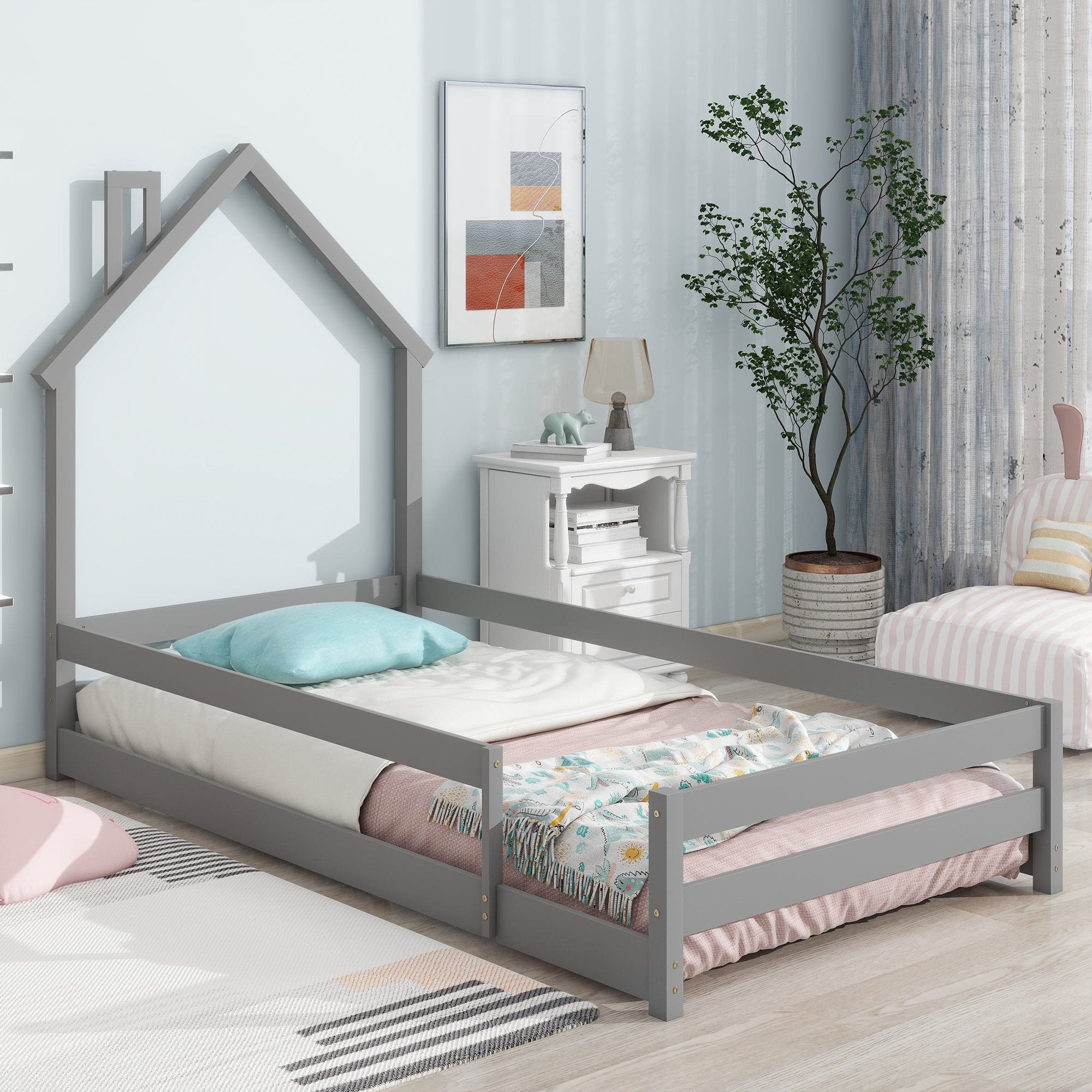 Twin Size Wood bed with House-shaped Headboard Floor bed with Fences,Grey