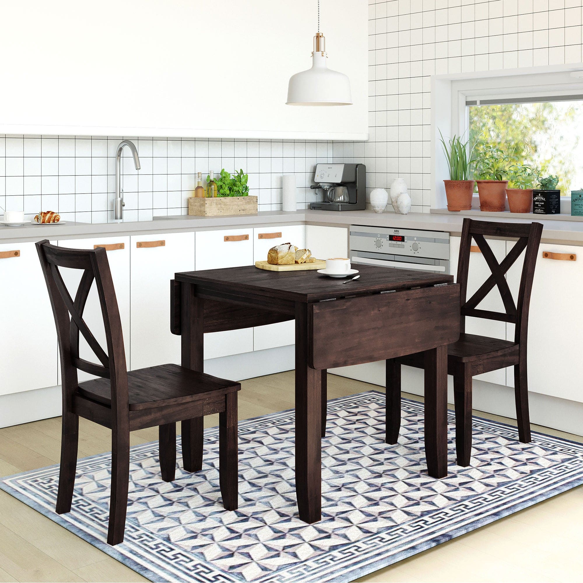 TOPMAX 3-Piece Wood Drop Leaf Breakfast Nook Dining Table Set with 2 X-back Chairs for Small Places, Espresso