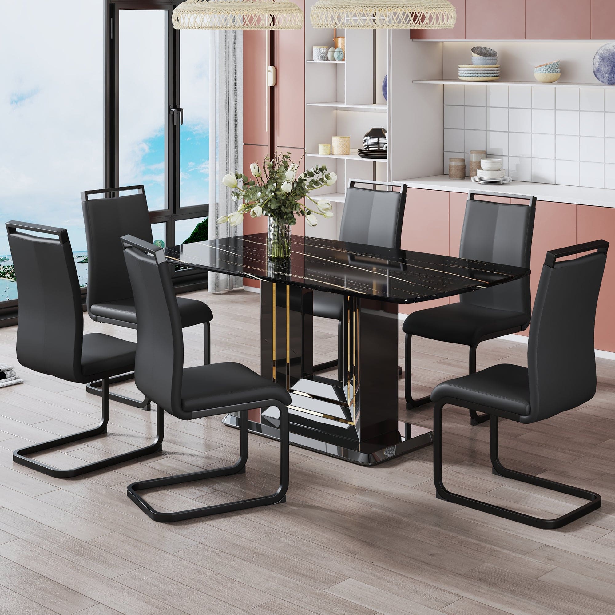 A table and six chairs. The table features a black imitation marble pattern tabletop and black gold MDF legs. The chair has a black PU backrest cushion and black metal legs. F-SQ  C-1162