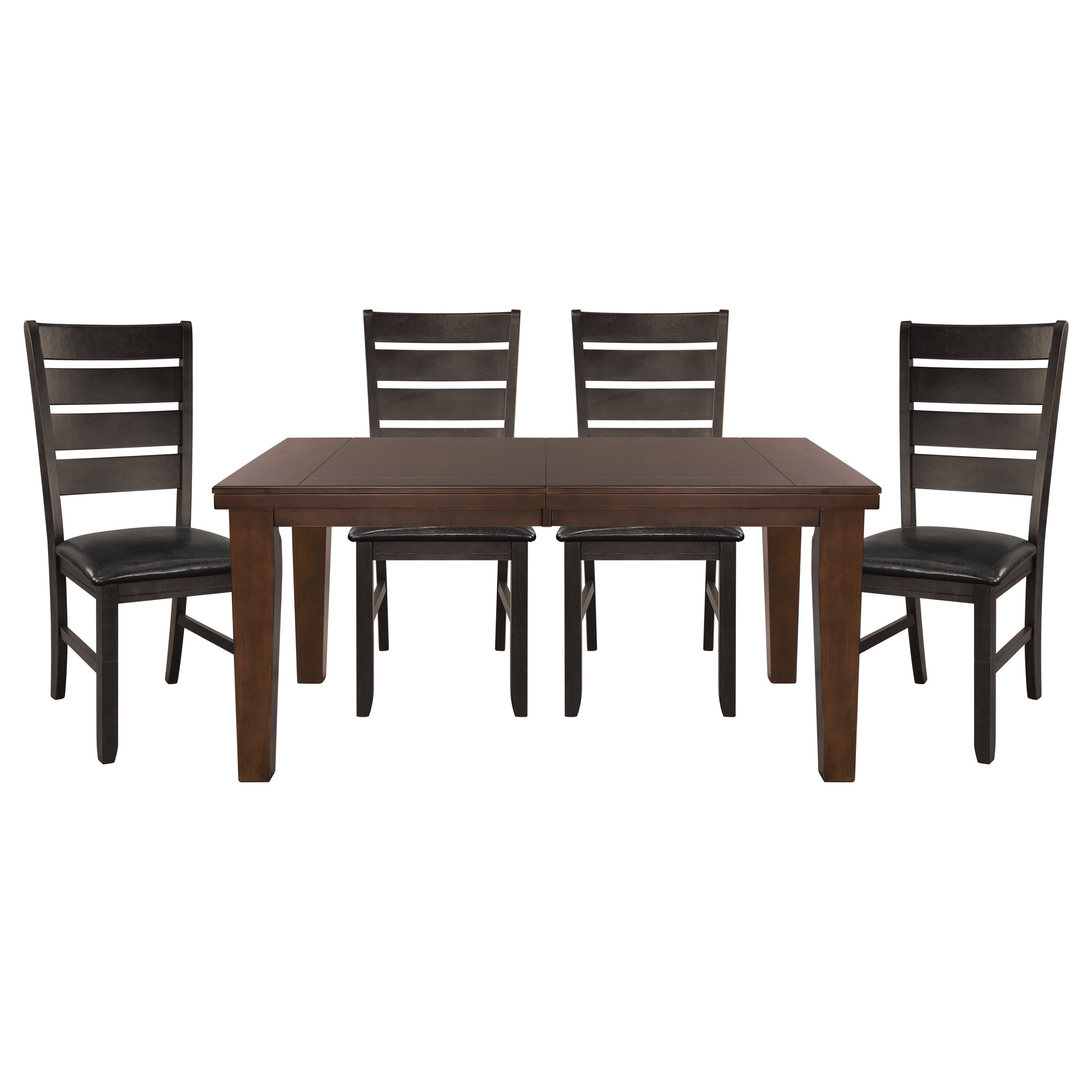 Contemporary Dark Oak Finish Dining 5pc Set Table w Self-Storing Leaf and 4x Side Chairs Solid Clean Lines Design Furniture