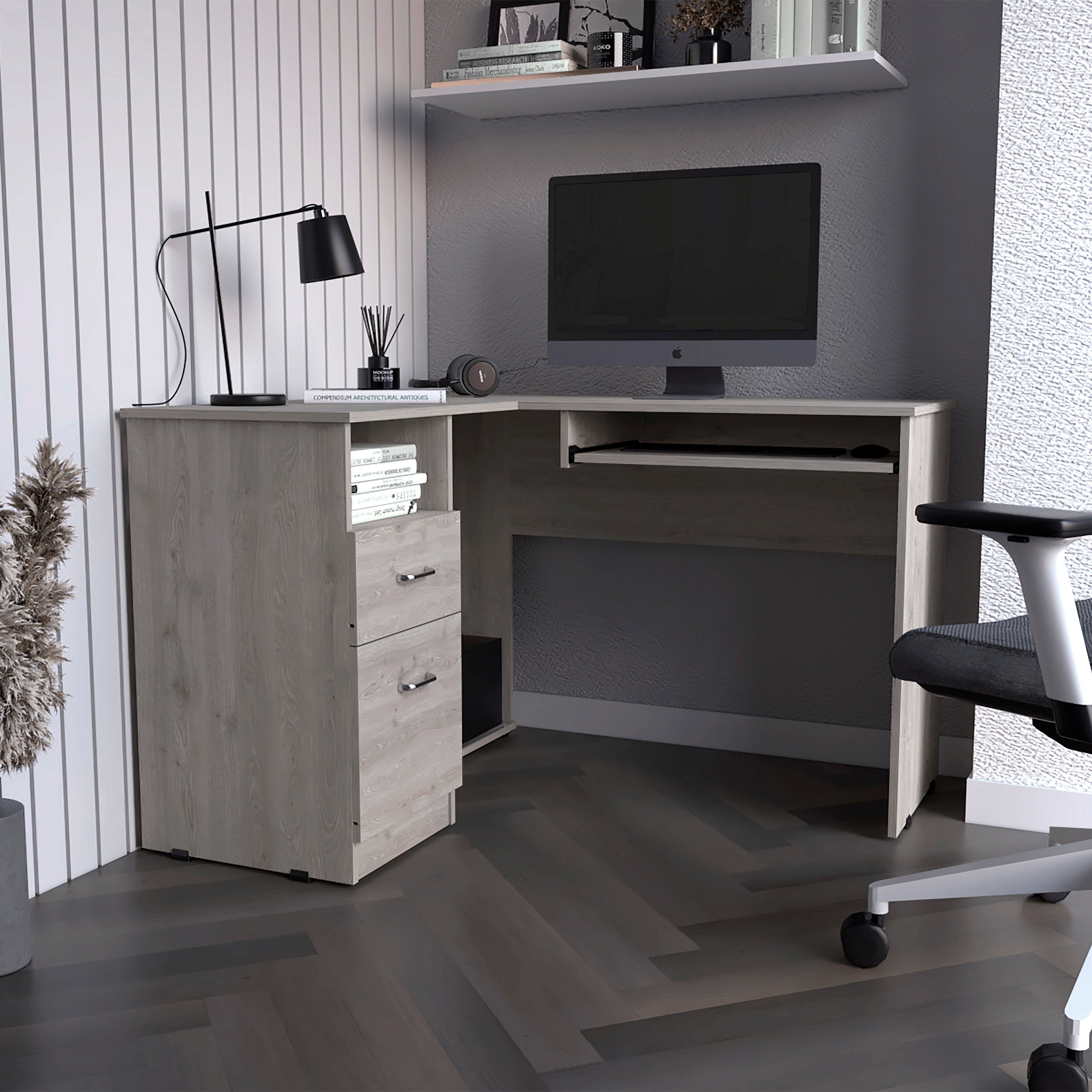 L-Shaped Desk Bradford, Keyboard Shelf, Light Gray Finish