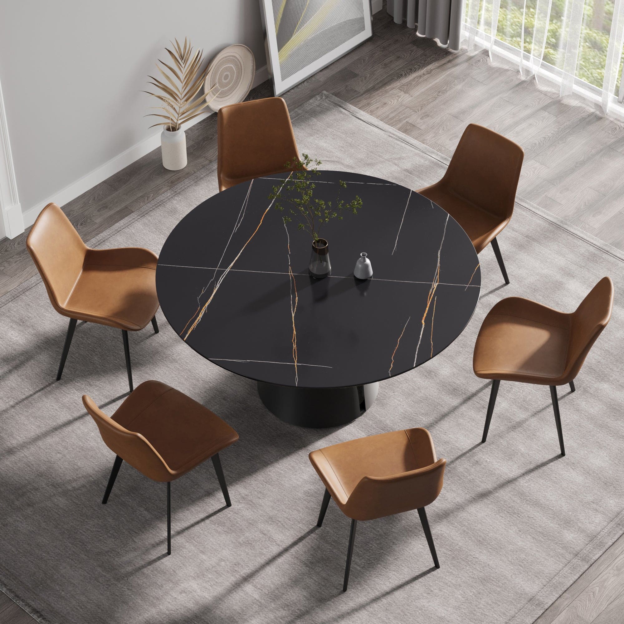 59.05"Modern artificial stone round black carbon steel base dining table-can accommodate 6 people