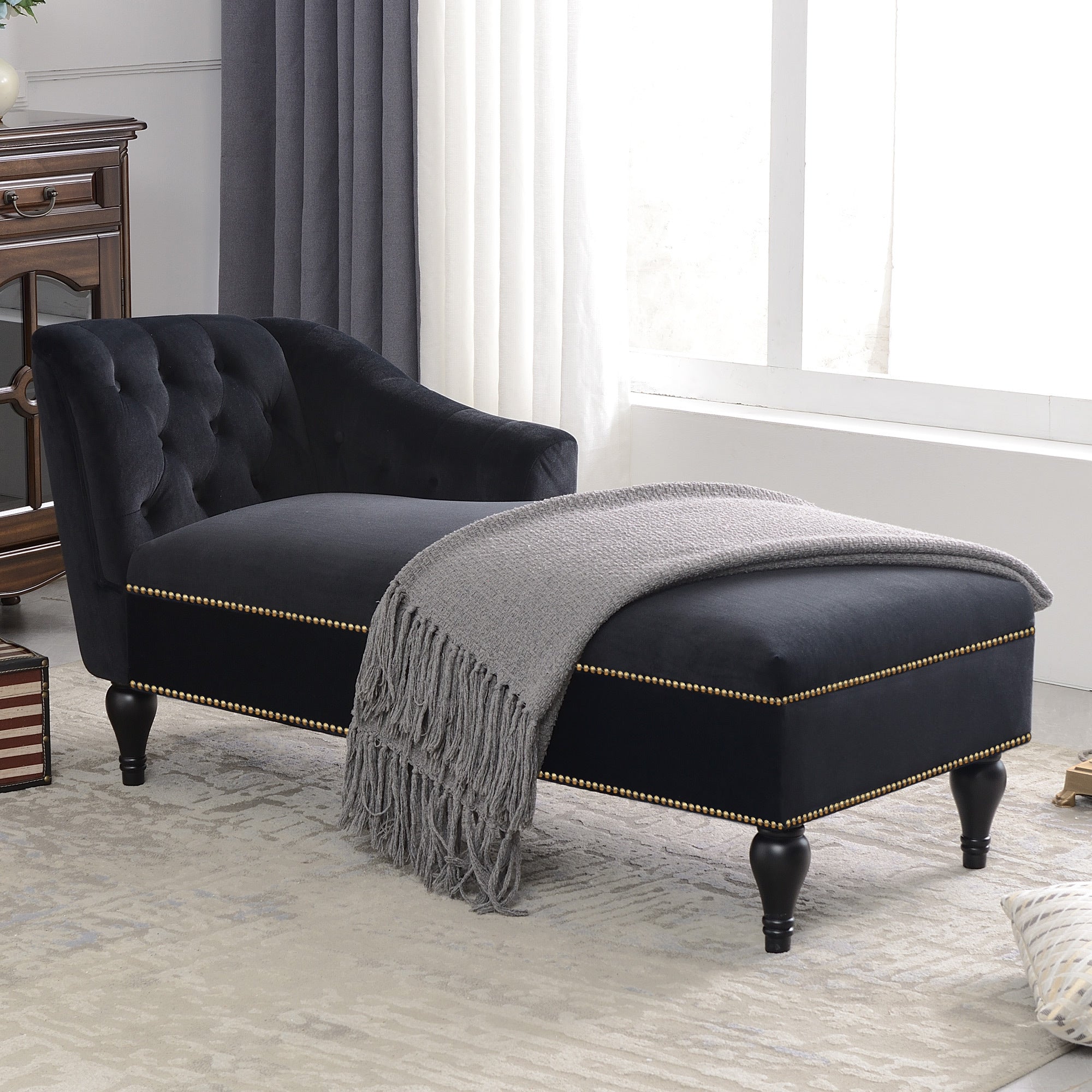 [New+Video] 58''Velvet Chaise Lounge,Button Tufted Right Arm Facing Lounge Chair with Nailhead Trim & Solid Wood Legs for Living Room or Office,Sleeper Lounge Sofa (New style of WF284880AAB)