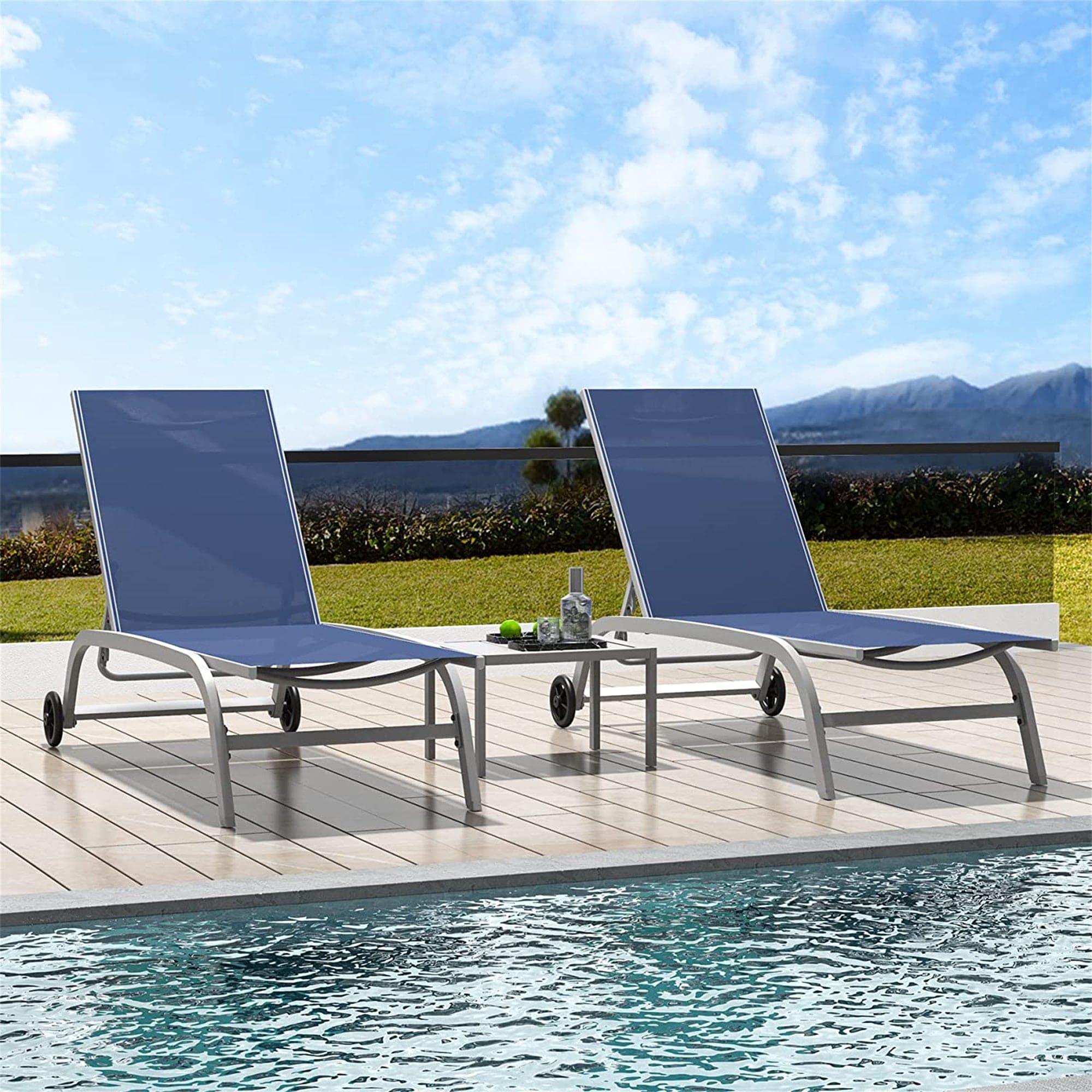 Chaise Lounge Outdoor Set of 3, Lounge Chairs for Outside with Wheels, Outdoor Lounge Chairs with 5 Adjustable Position, Pool Lounge Chairs for Patio, Beach(Blue, 2 Lounge Chairs+1 Table)