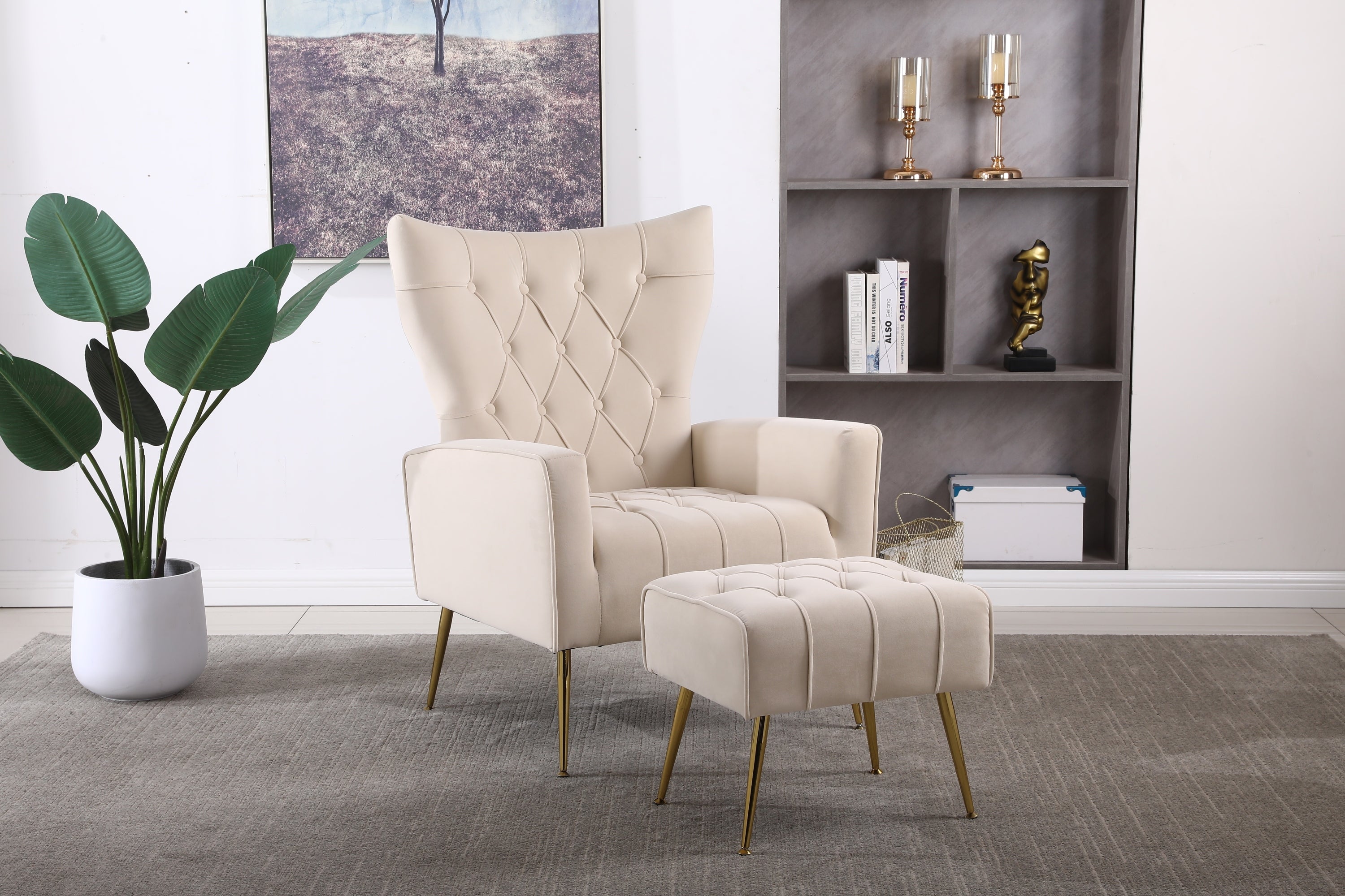 Modern Accent Chair with Ottoman,  Comfy  Armchair for Living Room, Bedroom, Apartment, Office (Beige)