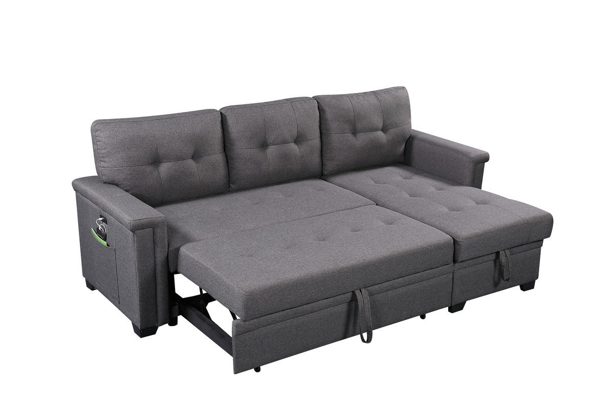 Ashlyn Dark Gray Reversible Sleeper Sectional Sofa with Storage Chaise, USB Charging Ports and Pocket