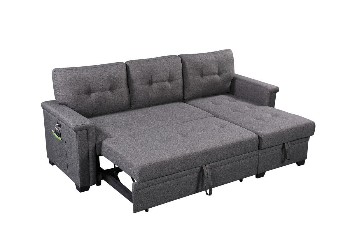 Nathan Dark Gray Reversible Sleeper Sectional Sofa with Storage Chaise, USB Charging Ports and Pocket