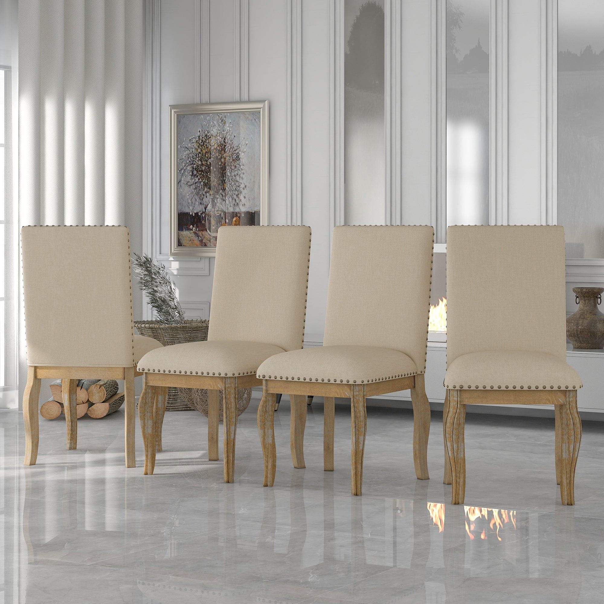 TREXM Set of 4 Dining chairs Wood Upholstered Fabirc Dining Room Chairs with Nailhead (Natural Wood Wash)