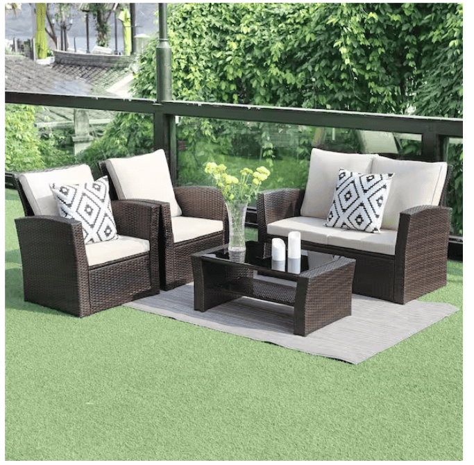 4-Pieces Outdoor Patio Furniture Set  PE Rattan Wicker with Brown