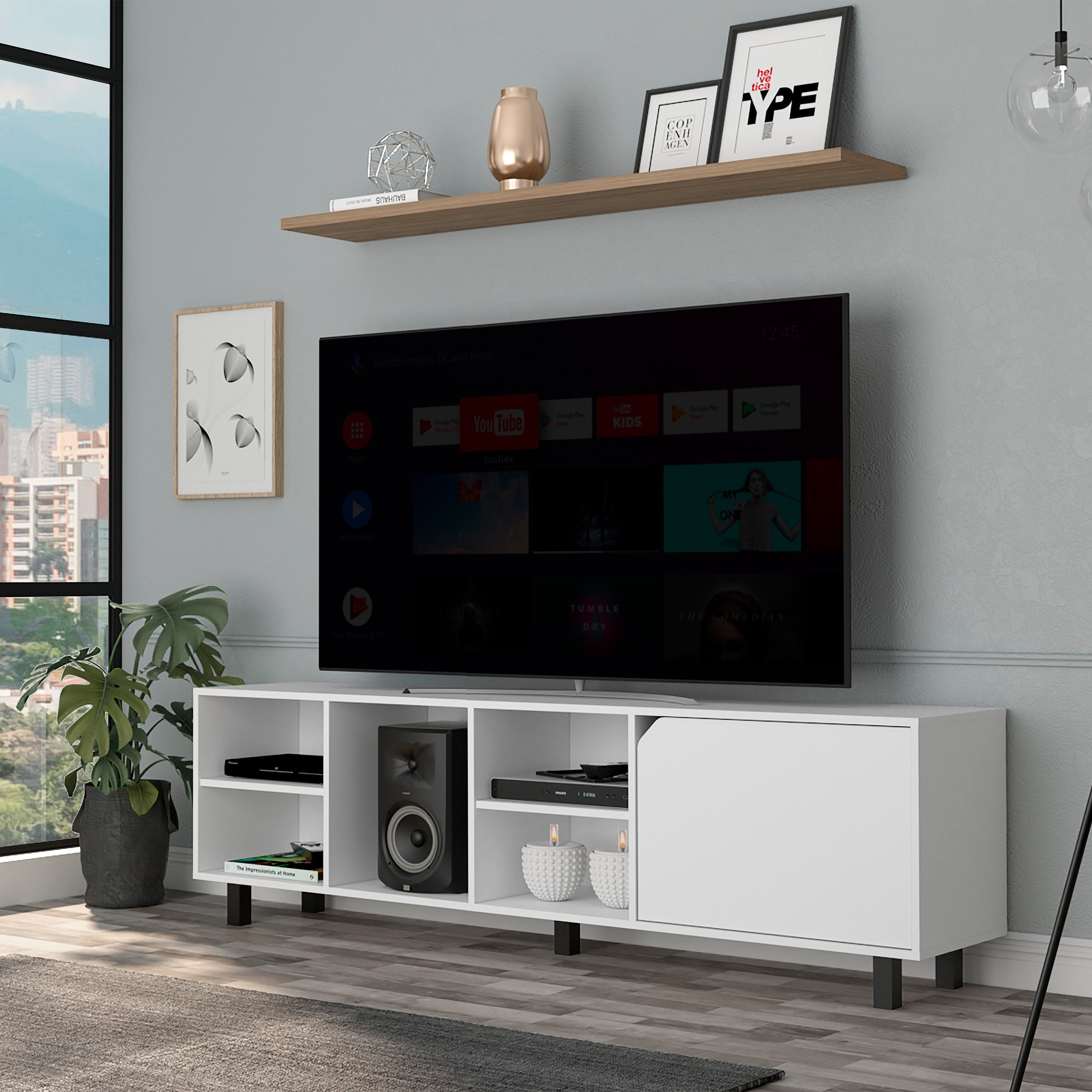 Valdivia Tv Stand for TV´s up 70", Four Open Shelves, Five Legs -White