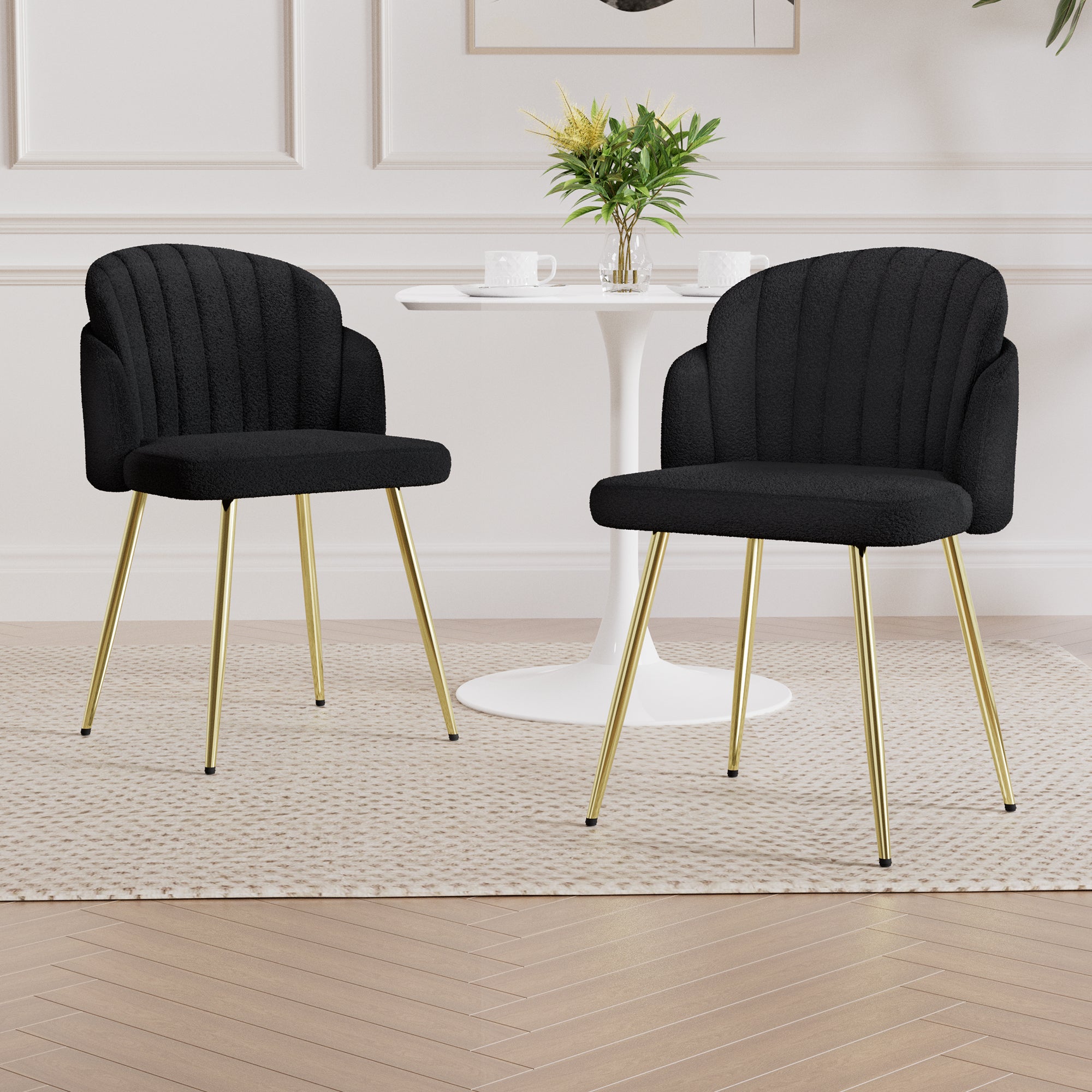 Modern simple black teddy fleece dining chair Fabric Upholstered Chairs home bedroom stool back dressing chair gold metal legs(set of 2)